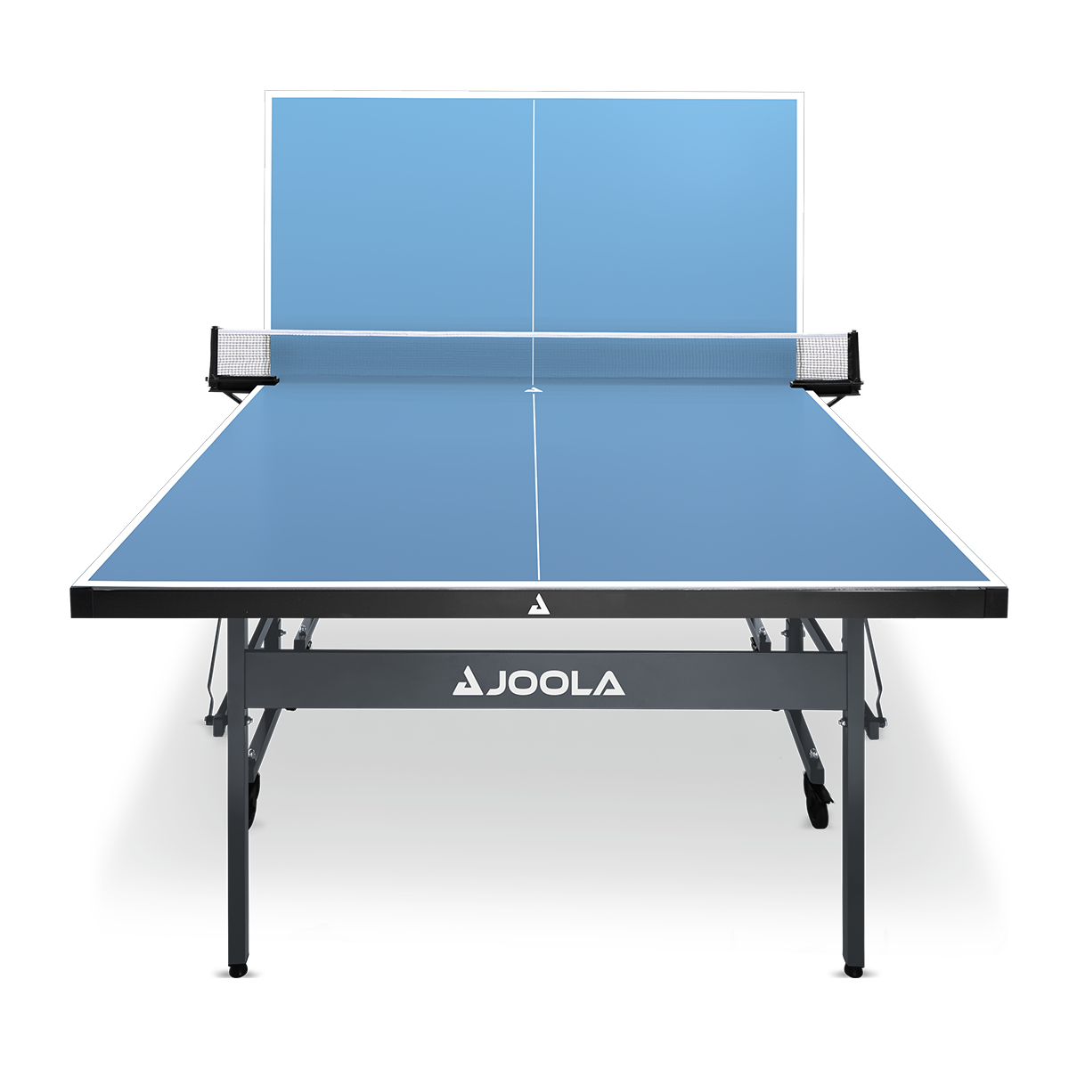 Blaue Tischtennisplatte von Joola mit Netz, frontal abgebildet.