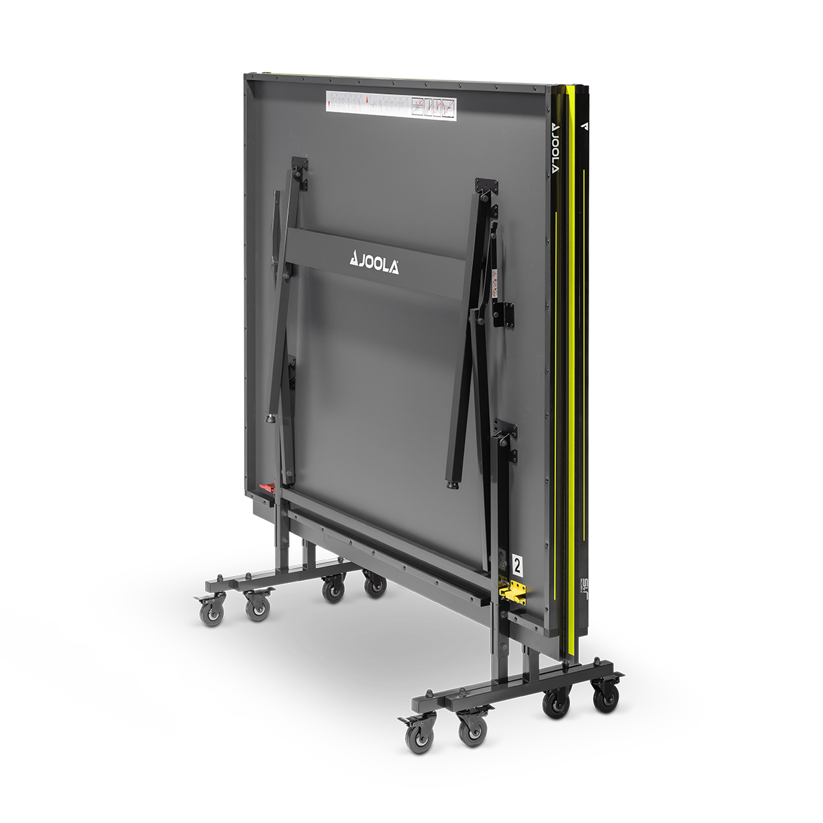Zusammengeklappter grauer JOOLA Tischtennistisch auf Rollen, seitliche Ansicht.