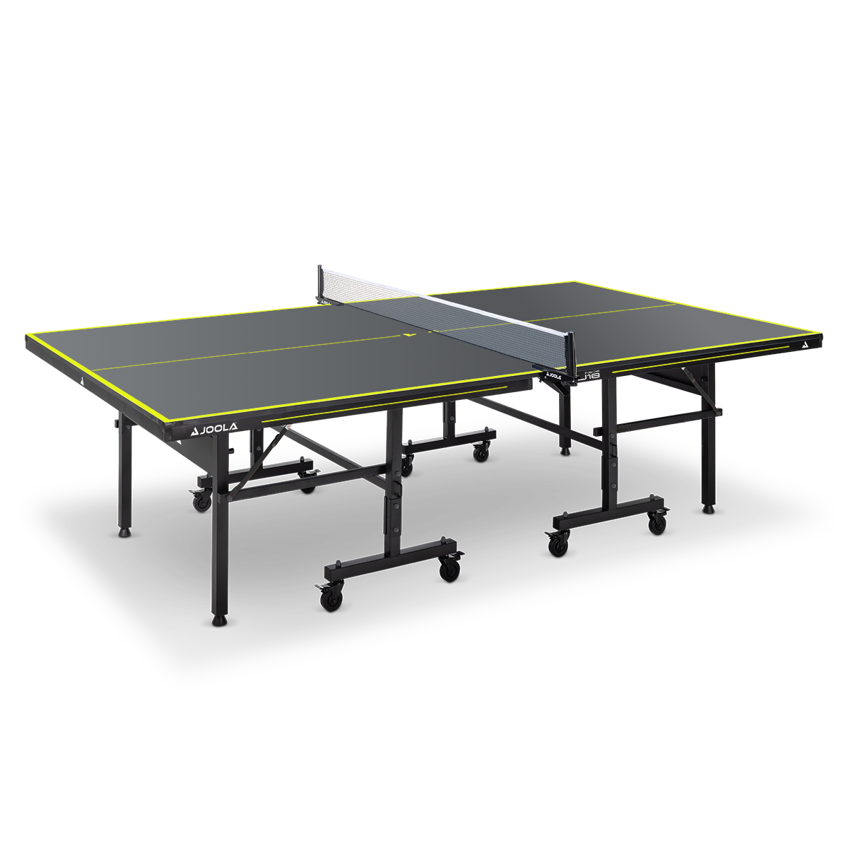 Schwarzer JOOLA Tischtennistisch mit gelben Linien und Netz auf schwarzem Gestell mit Rollen.