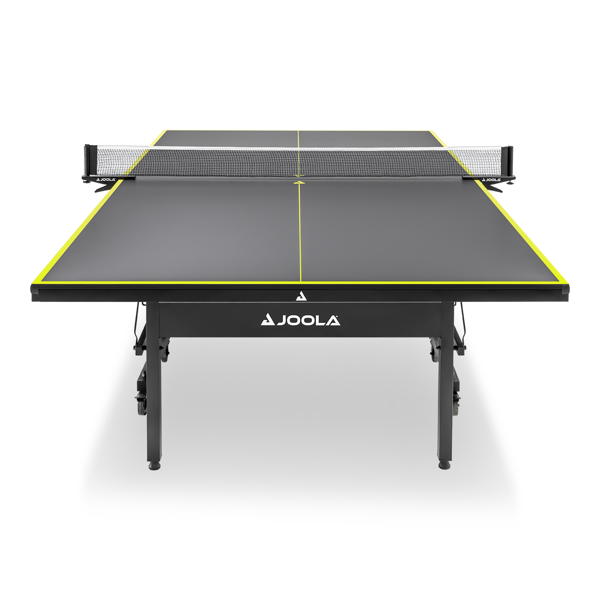 Pingpong-Tisch JOOLA mit grauer Spielfläche und gelben Linien, schwarzes Gestell, Netz montiert.
