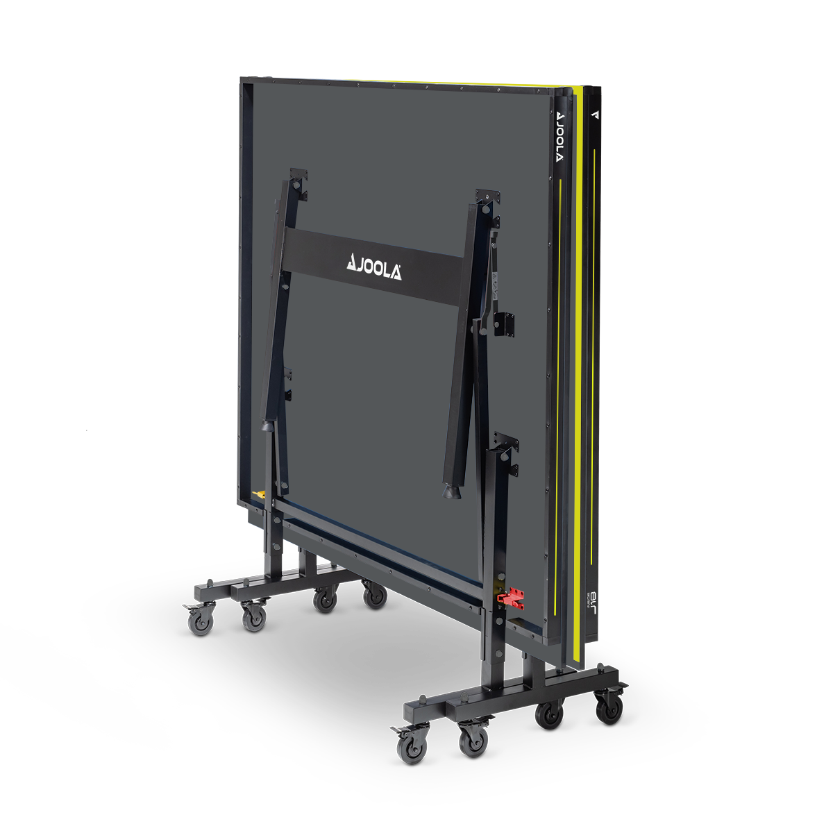 Zusammengeklappter, mobiler Tischtennistisch der Marke JOOLA mit schwarzen Spielflächen und gelben Akzenten.