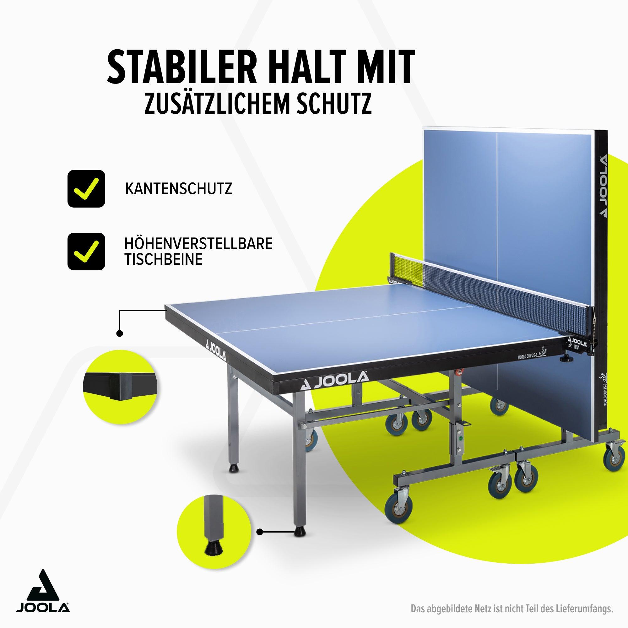 Tischtennisplatte JOOLA World Cup 25S mit Kantenschutz und höhenverstellbaren Tischbeinen.
