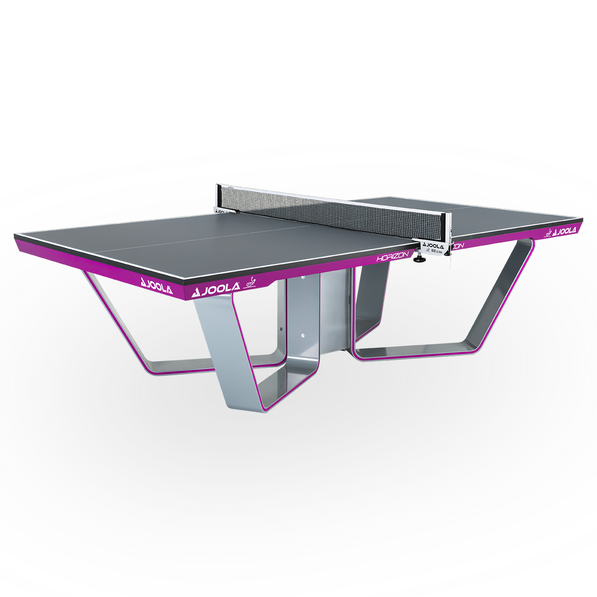 Tischtennisplatte JOOLA Horizon mit grauer Spielfläche und violettem Rand, modernem Metallgestell und Netz.