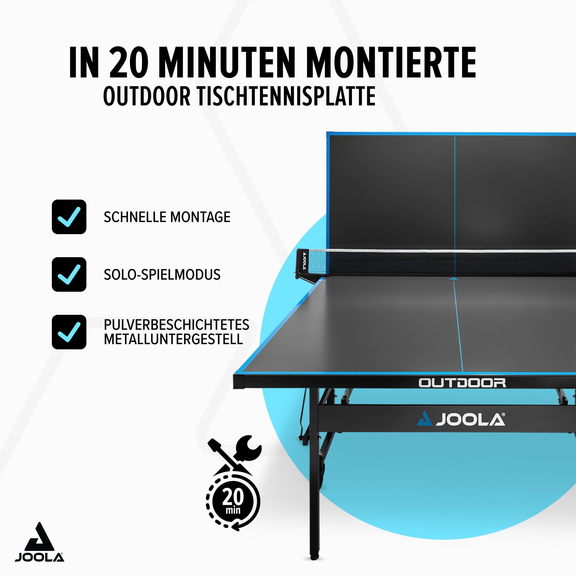 Outdoor-Tischtennisplatte von JOOLA mit schneller Montage, Solo-Spielmodus und pulverbeschichtetem Metalluntergestell, Montagezeit 20 Minuten.