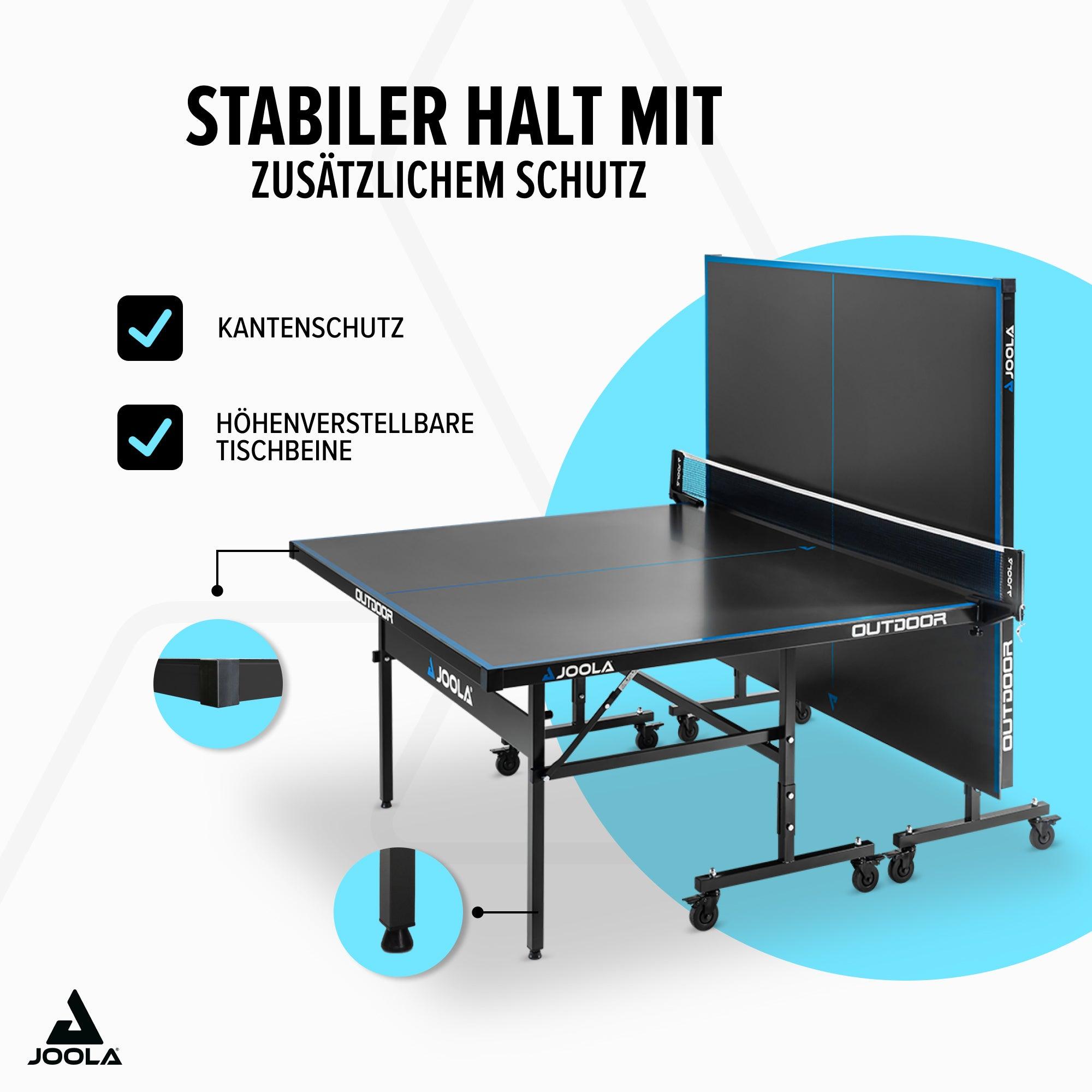 Tischtennisplatte JOOLA Outdoor mit Kantenschutz und höhenverstellbaren Tischbeinen.
