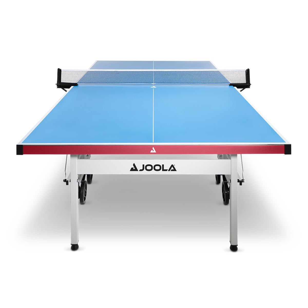 Blauer JOOLA Tischtennistisch mit Netz, frontal aufgenommen vor weißem Hintergrund.