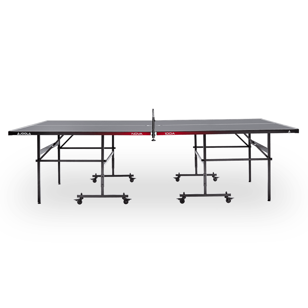 Tischtennisplatte JOOLA Nova 100A mit schwarzer Spielfläche und klappbarem Gestell auf Rollen.