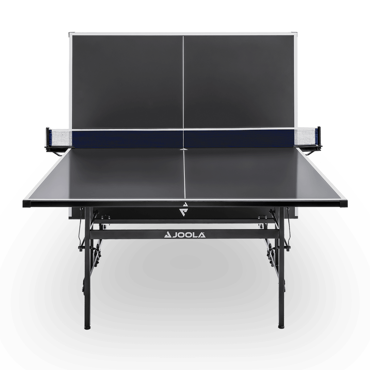 Schwarzer JOOLA Tischtennistisch mit Netz, Vorderseite und eine Hälfte hochgeklappt.