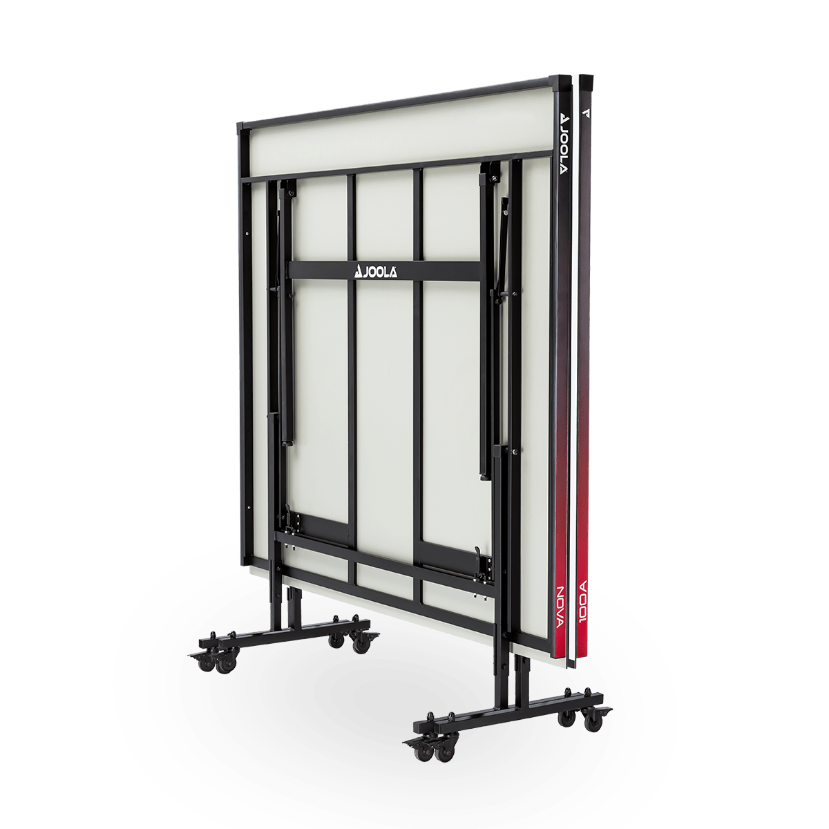 Zusammengeklappter JOOLA Nova 100A Tischtennistisch mit schwarzem Metallgestell und weißen Spielflächen.