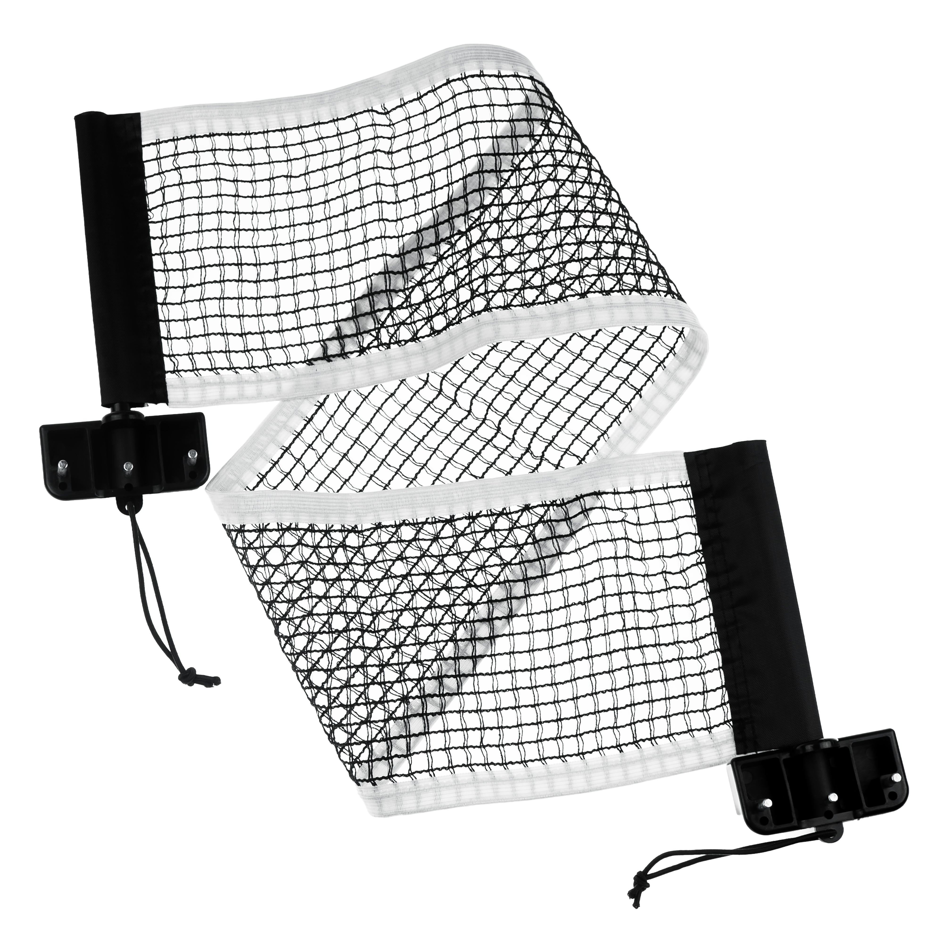 Tischtennisnetz mit Halterungen, schwarz-weiß.
