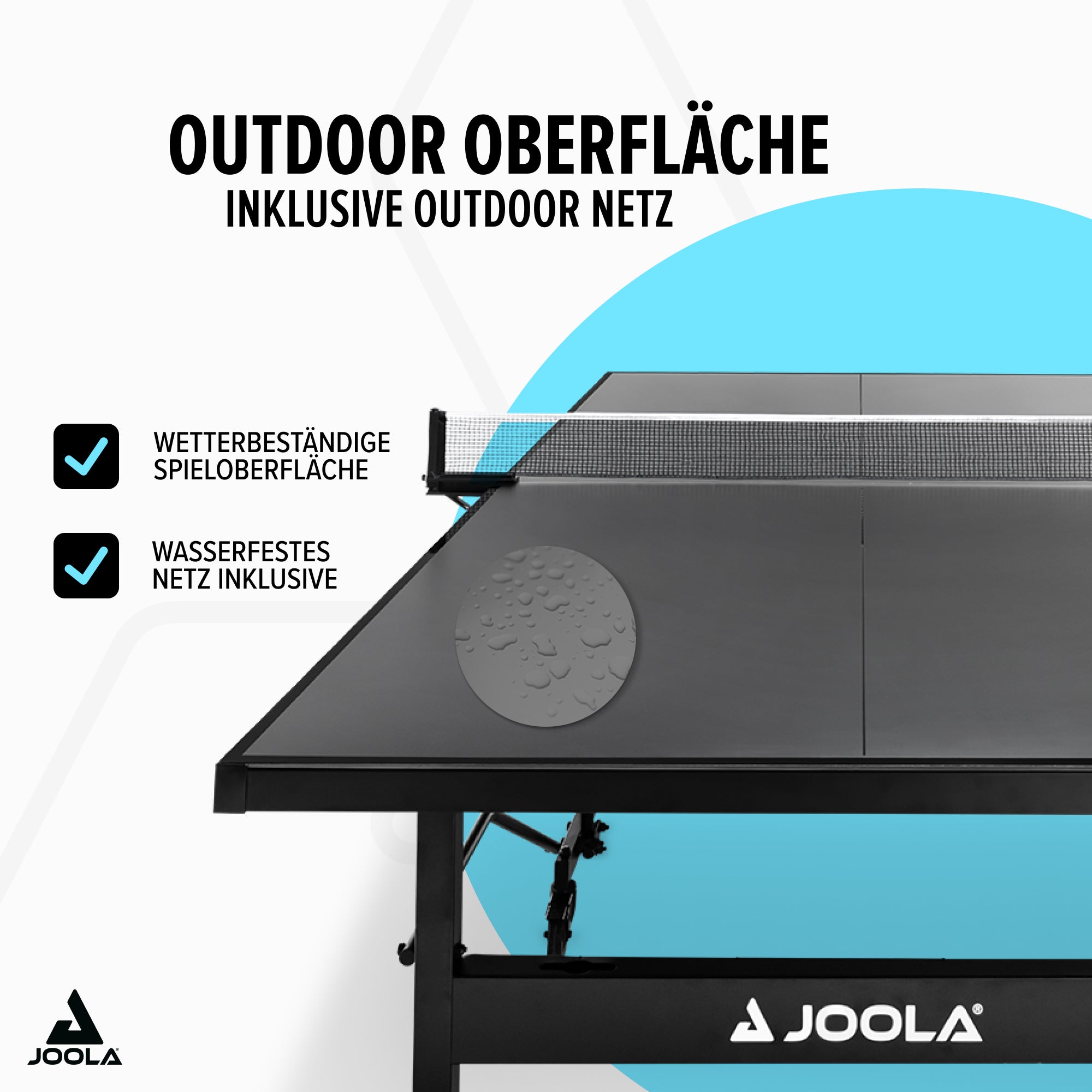 Outdoor-Tischtennisplatte mit wetterbeständiger, wasserfester Oberfläche und Netz von JOOLA.