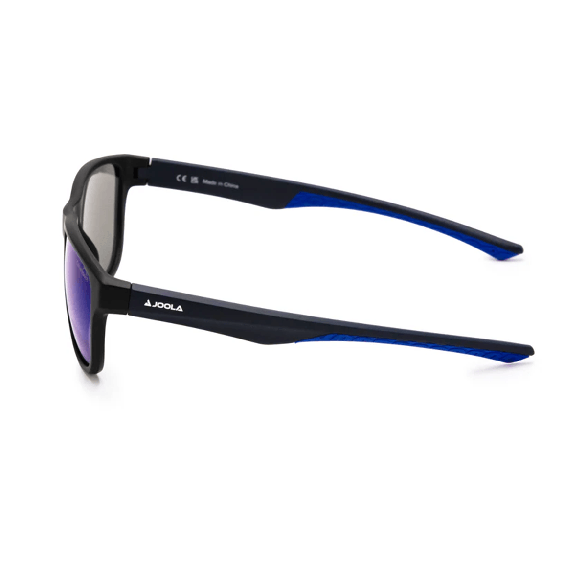 Sportliche Sonnenbrille mit schwarzem Rahmen und blauen Bügeln, getönte Gläser, Marke JOOLA.