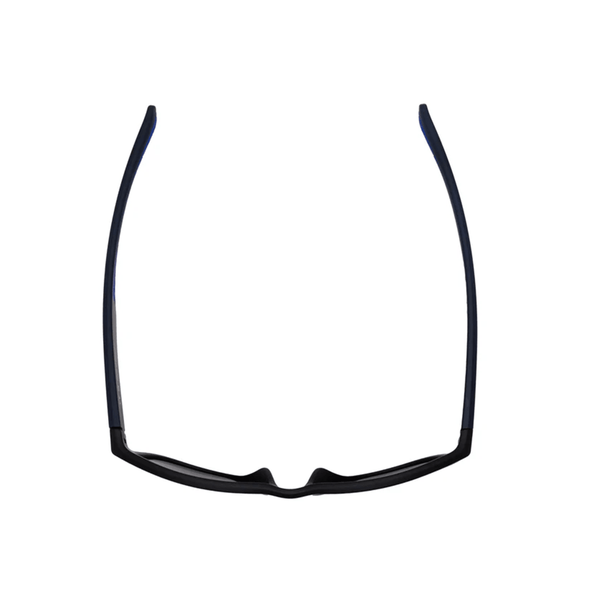 Schwarze Sport-Sonnenbrille mit gebogenen Bügeln, von oben fotografiert.