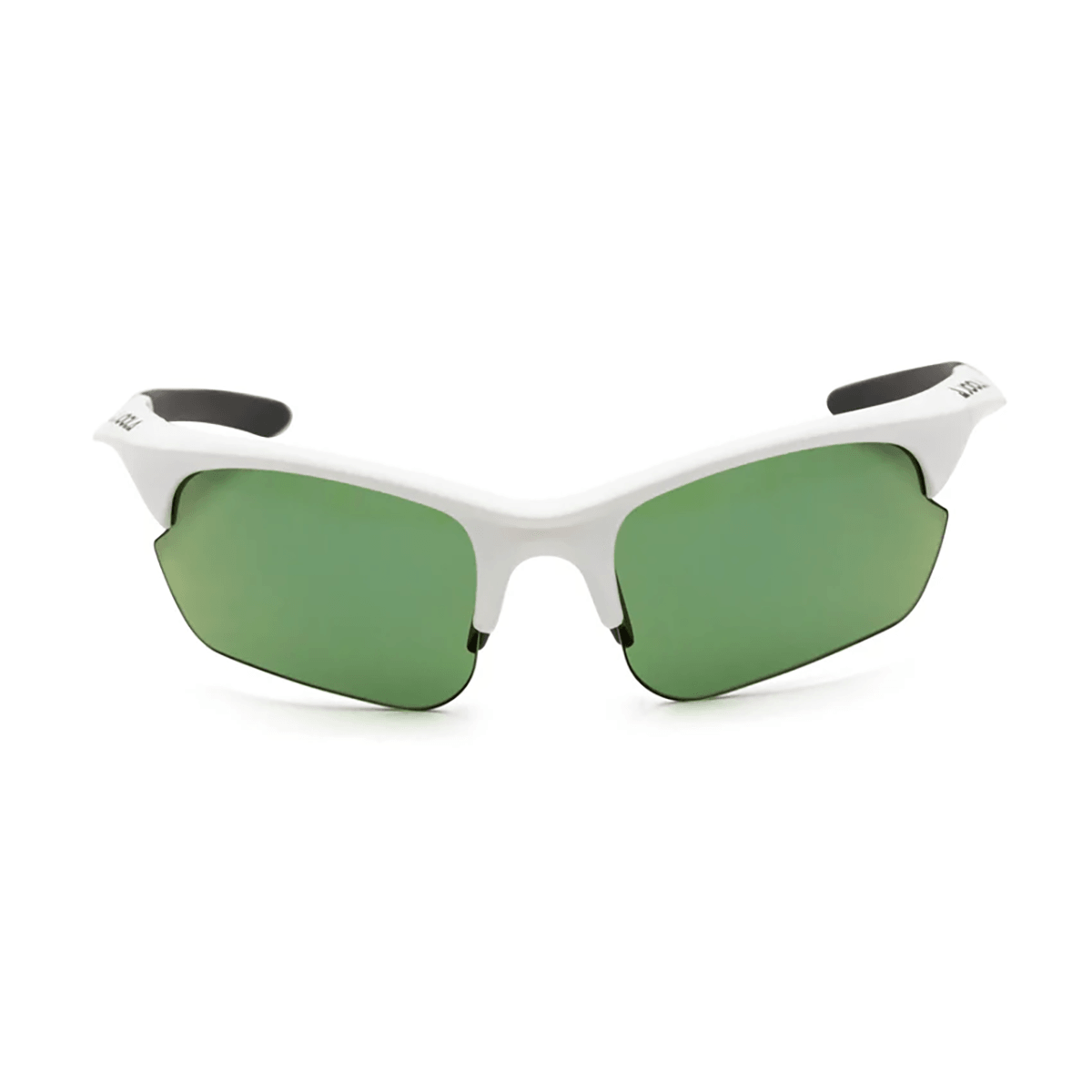 Sportliche Sonnenbrille mit weißem Rahmen und grünen Gläsern, halb rahmenlos.