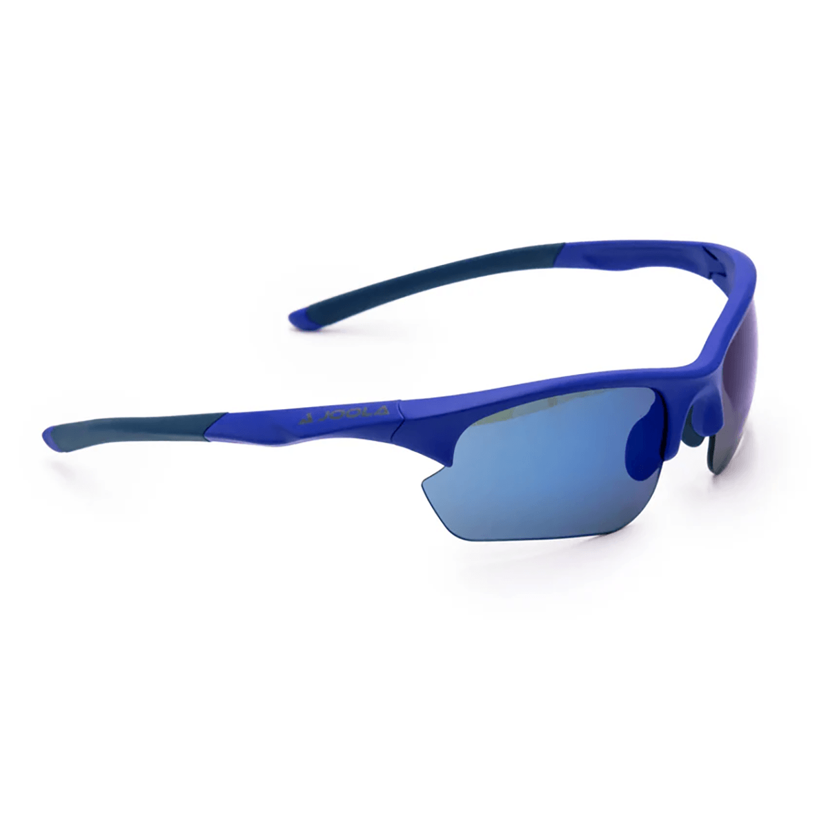 Sportliche, halb-randlose blaue Sonnenbrille mit verspiegelten Gläsern.
