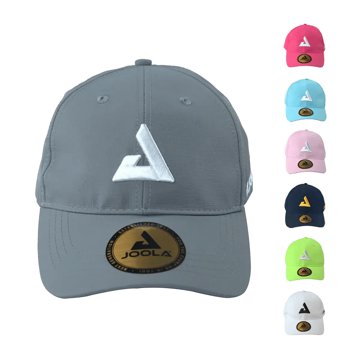 Baseballcap in verschiedenen Farben mit weißem oder farbigem Logo und goldfarbenem JOOLA-Emblem auf dem Schirm.