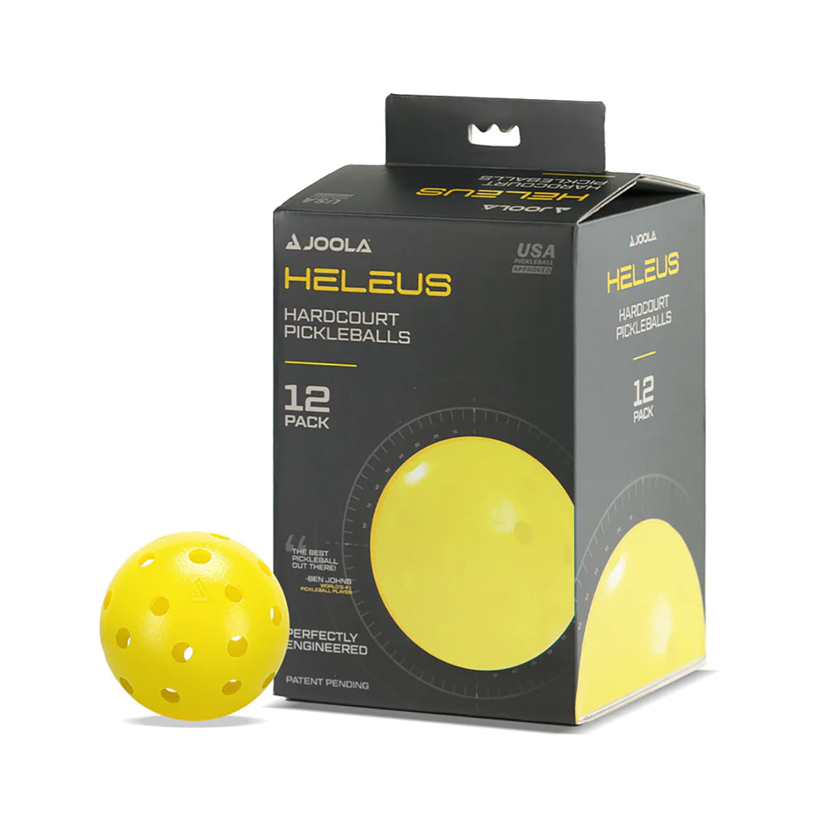 Schwarze Verpackung mit gelben Joola Heleus Hardcourt Pickleballs und einem gelben Pickleball daneben.