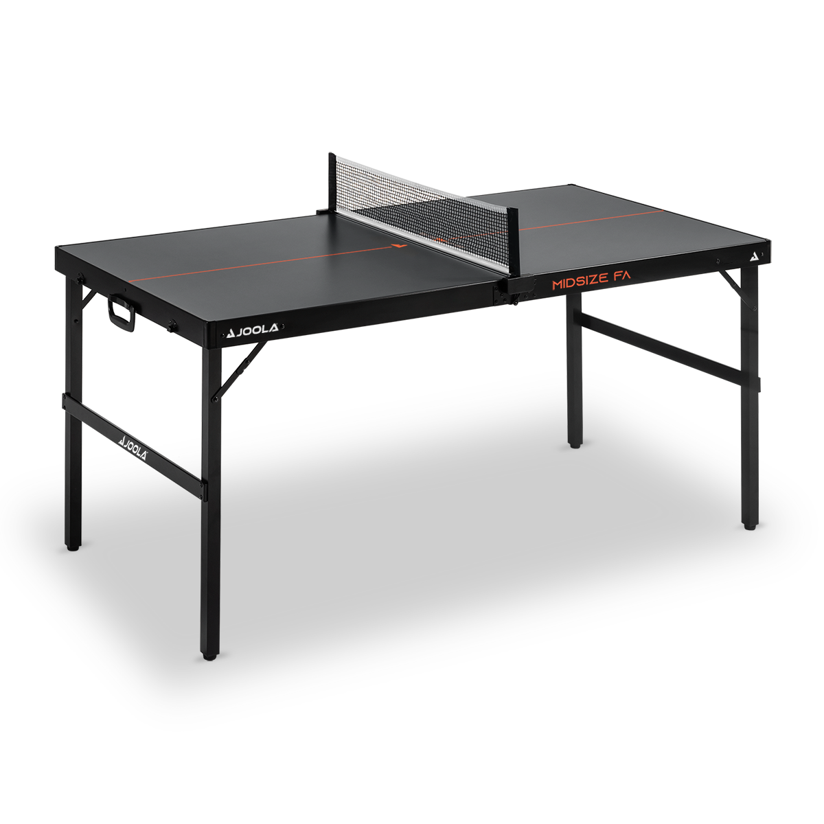 Kleiner, schwarzer Tischtennistisch mit roter Spielfeldmarkierung und Netz, Modell JOOLA Midsize FA.