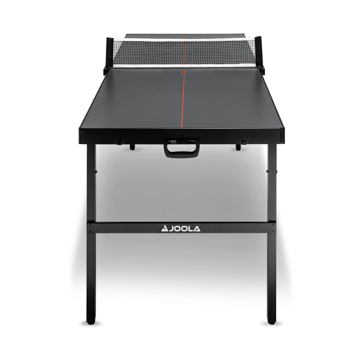 Kompakter, schwarzer Tischtennistisch mit Netz und roter Mittellinie, Marke JOOLA.