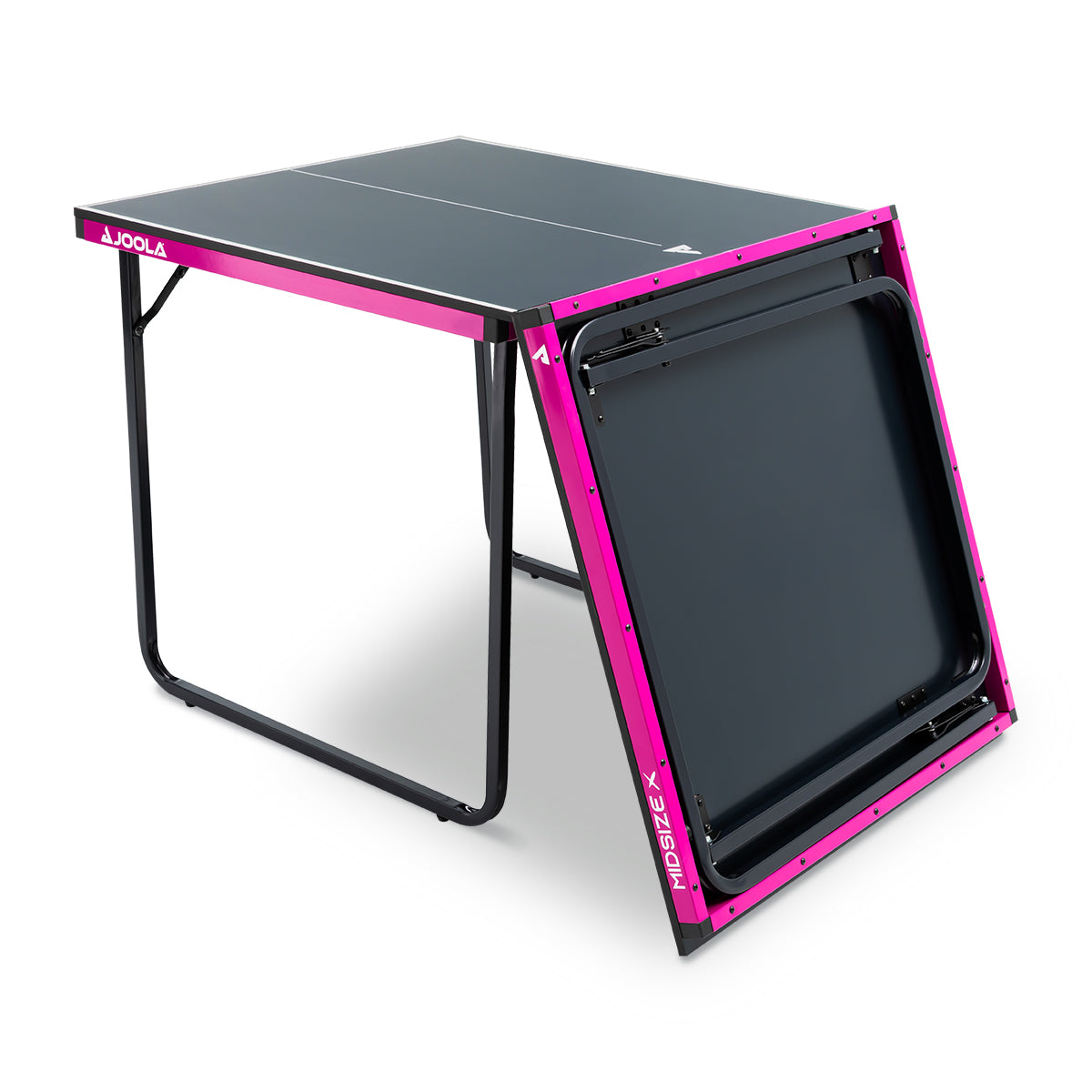 Tischtennistisch JOOLA Midsize X, halb zusammengeklappt, schwarz mit pinkem Rahmen.