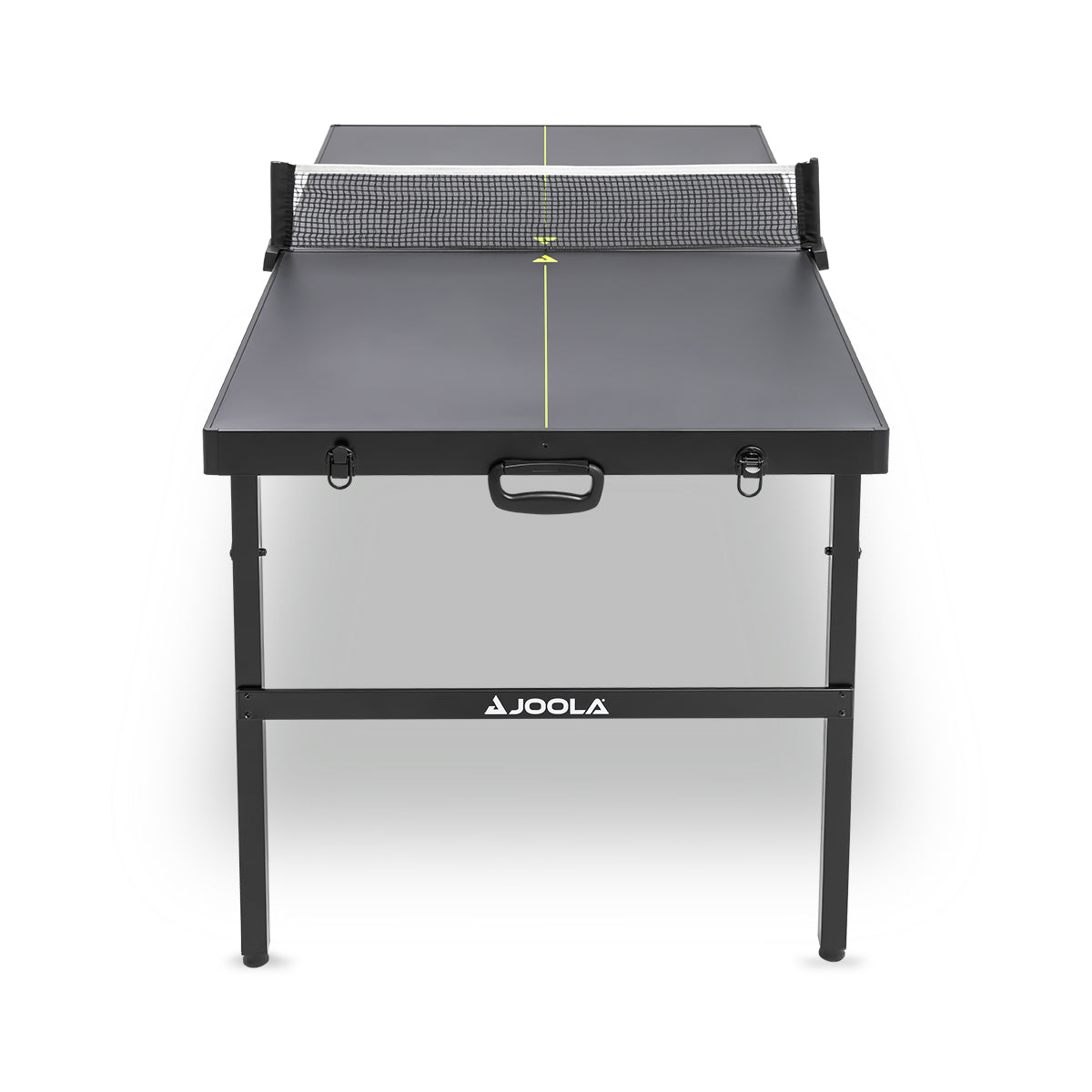 Kompakter, schwarzer Tischtennistisch mit Netz und klappbaren Beinen, Marke JOOLA.