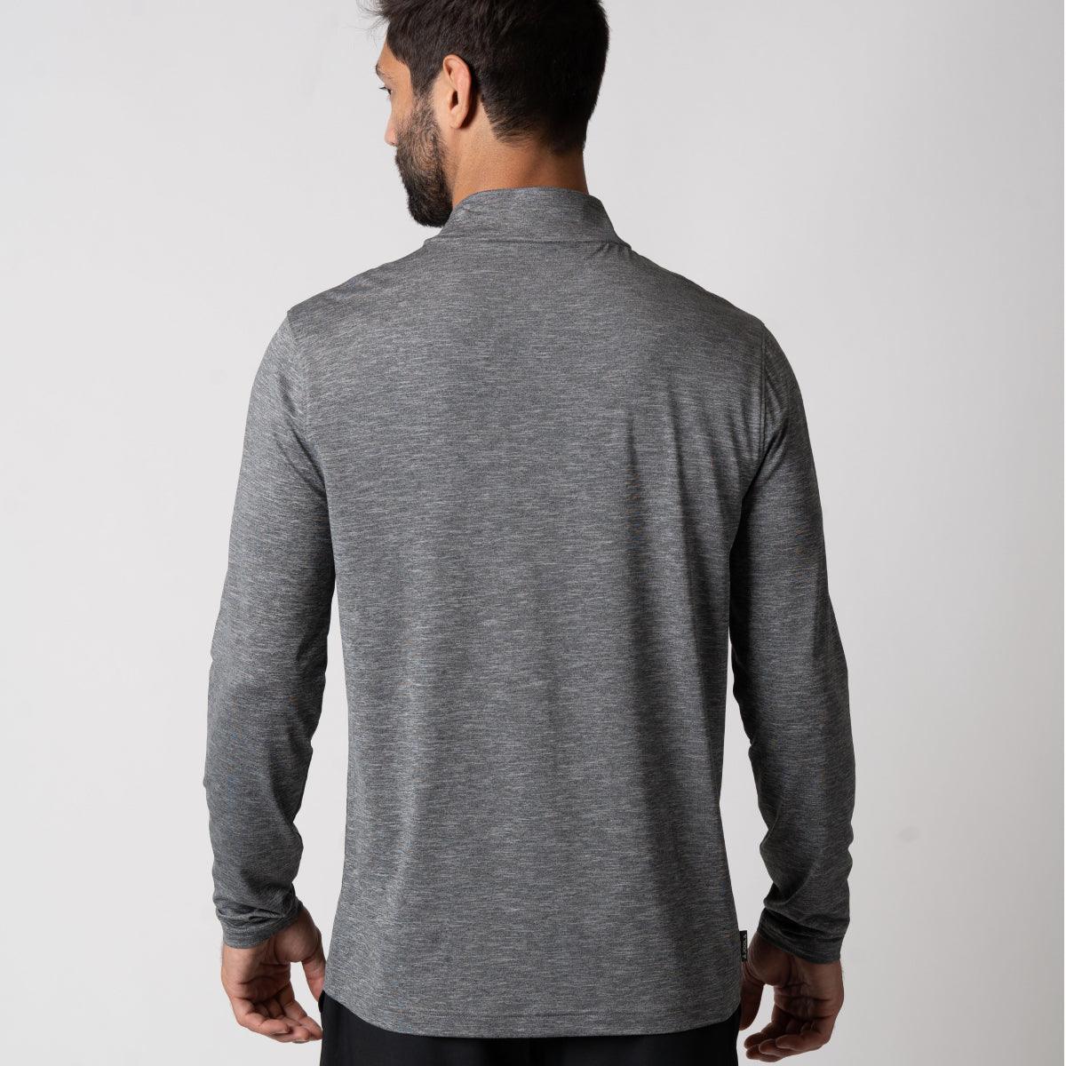 Herren Langarmshirt in Grau, Rückansicht, schlichtes Design.