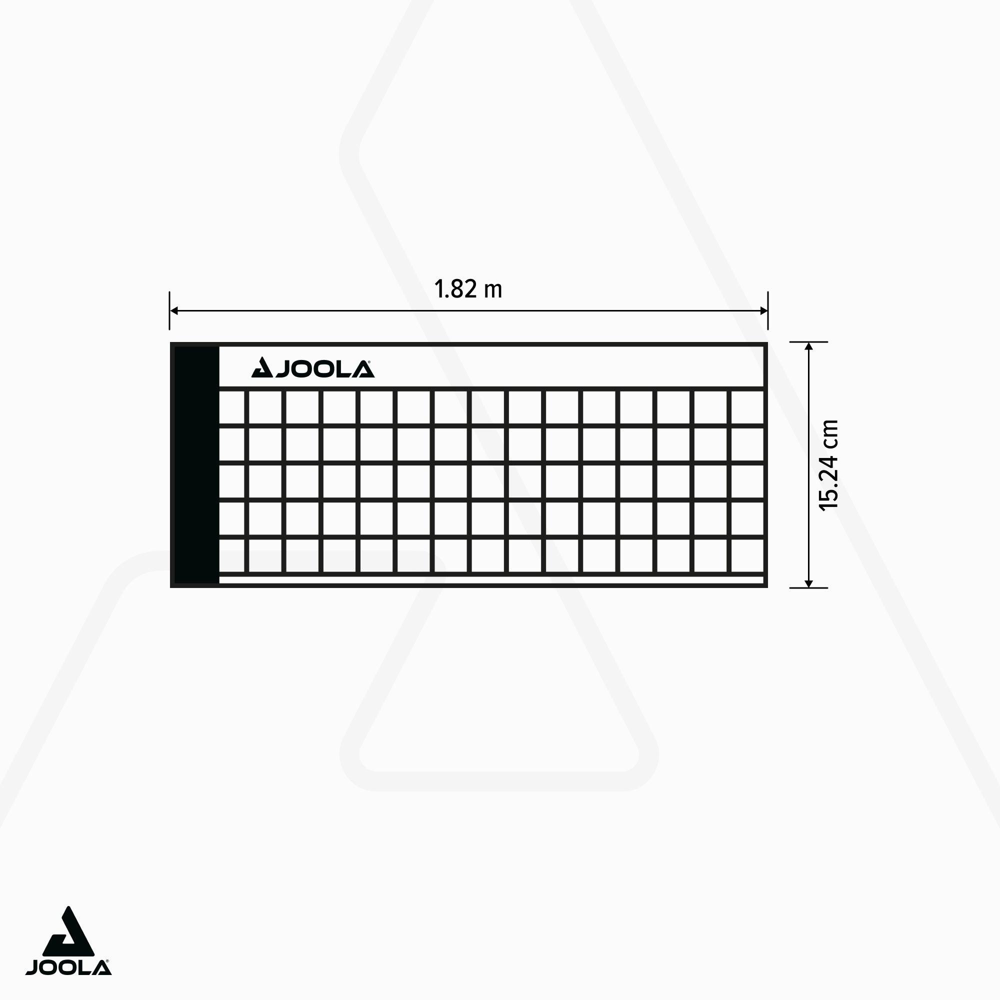 Abbildung eines JOOLA Tischtennisnetzes mit den Maßen 1,82 m Breite und 15,24 cm Höhe.