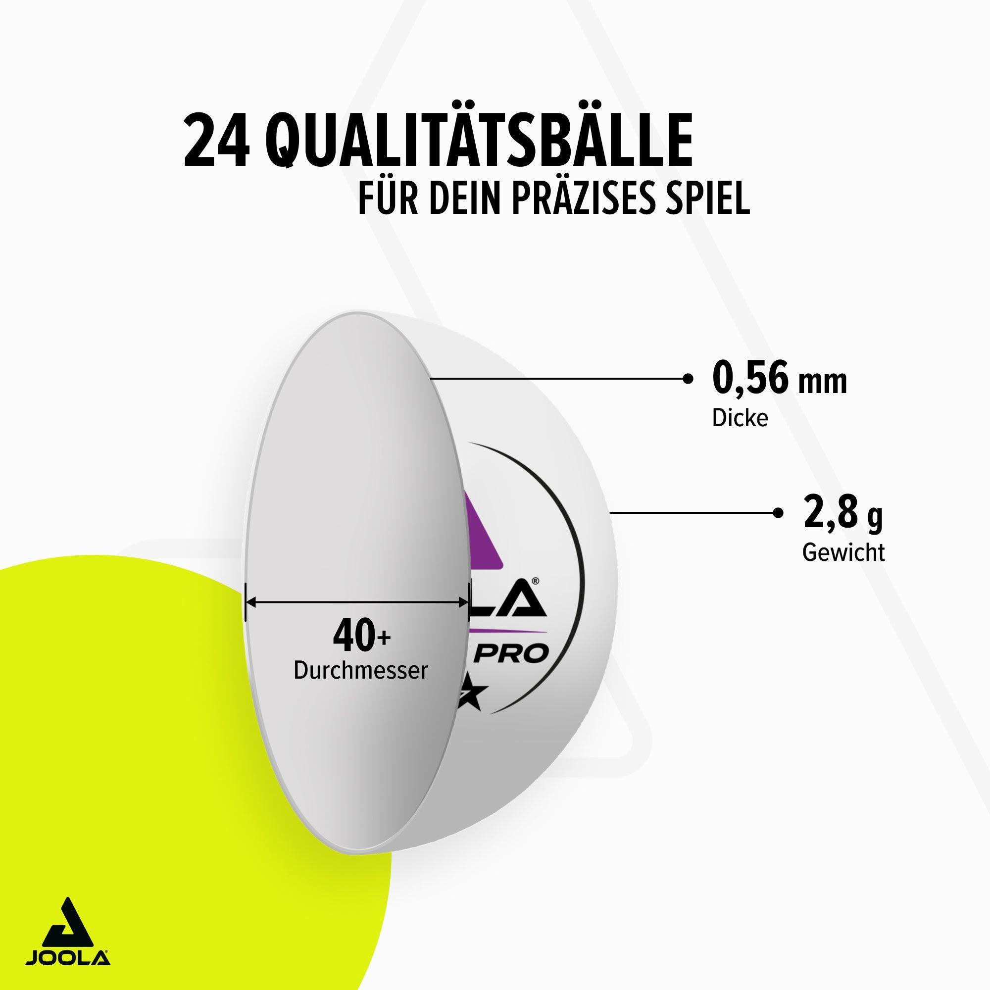 Grafik mit zwei Tischtennisbällen, die Maße 40+ mm Durchmesser, 0,56 mm Dicke und 2,8 g Gewicht zeigen, dazu der Text „24 Qualitätsbälle für dein präzises Spiel“.