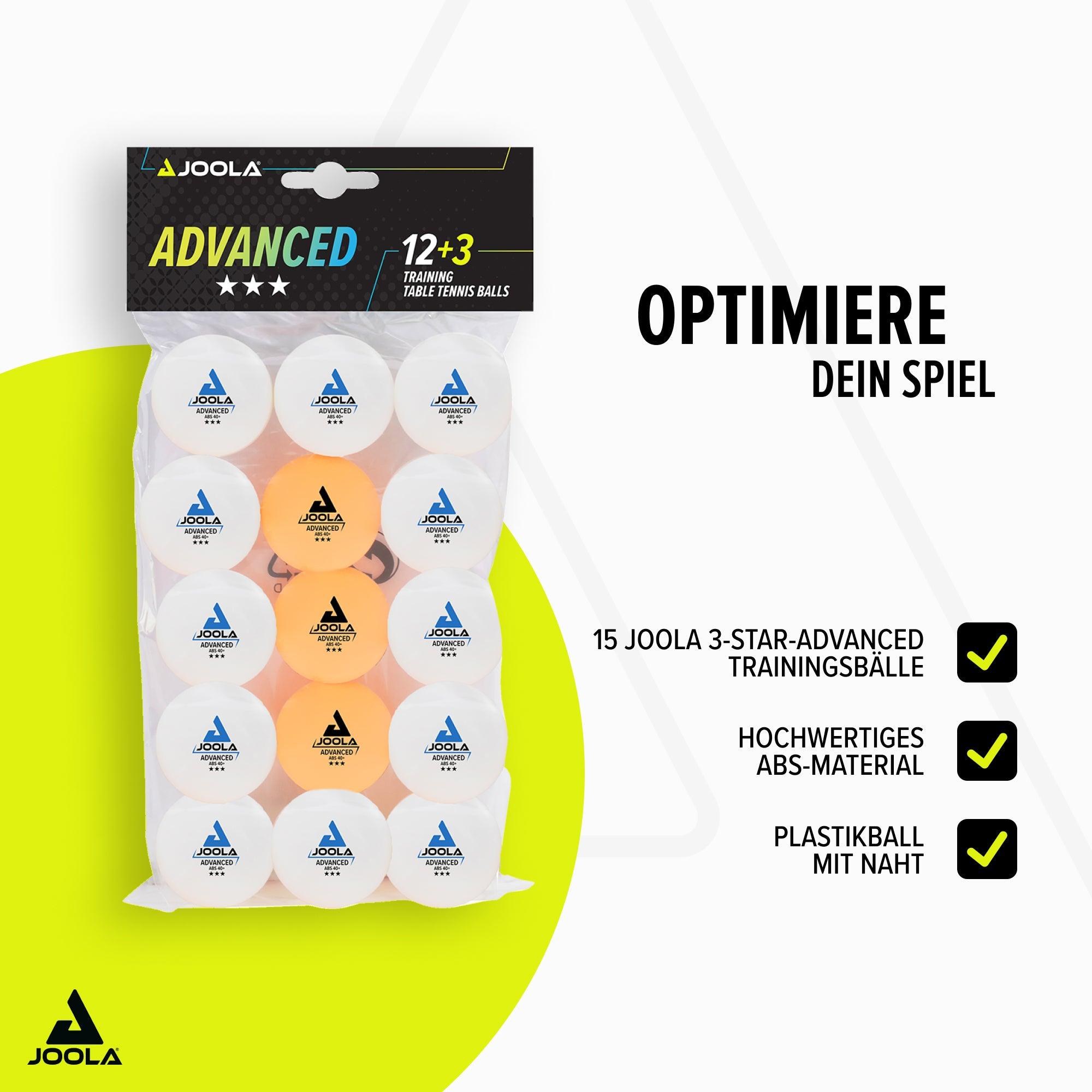 Packung mit 15 JOOLA 3-Sterne-Advanced Tischtennis-Trainingsbällen, weiß und orange.