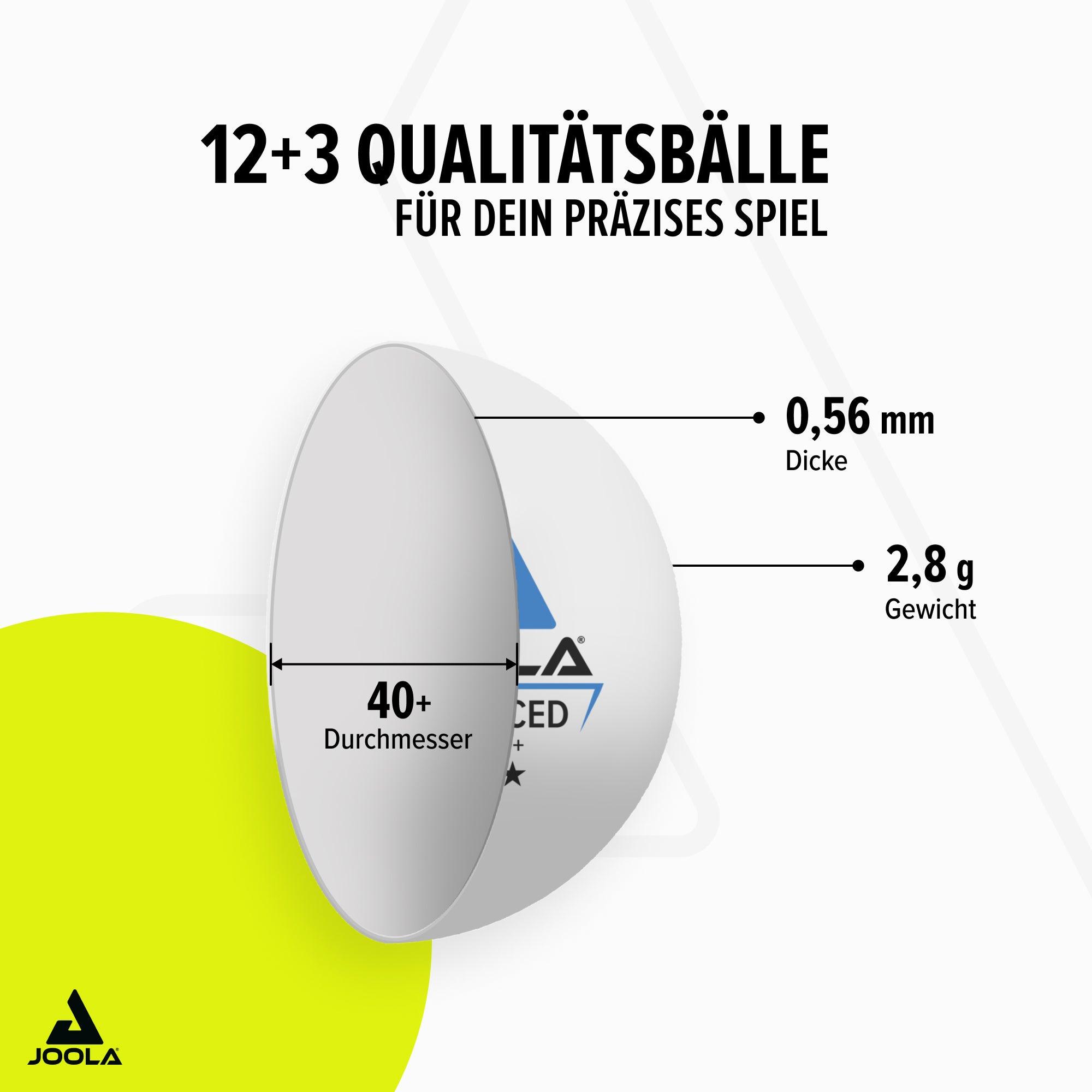 Zwei weiße JOOLA Tischtennisbälle mit den Maßen 40+ mm Durchmesser, 0,56 mm Dicke und 2,8 g Gewicht.