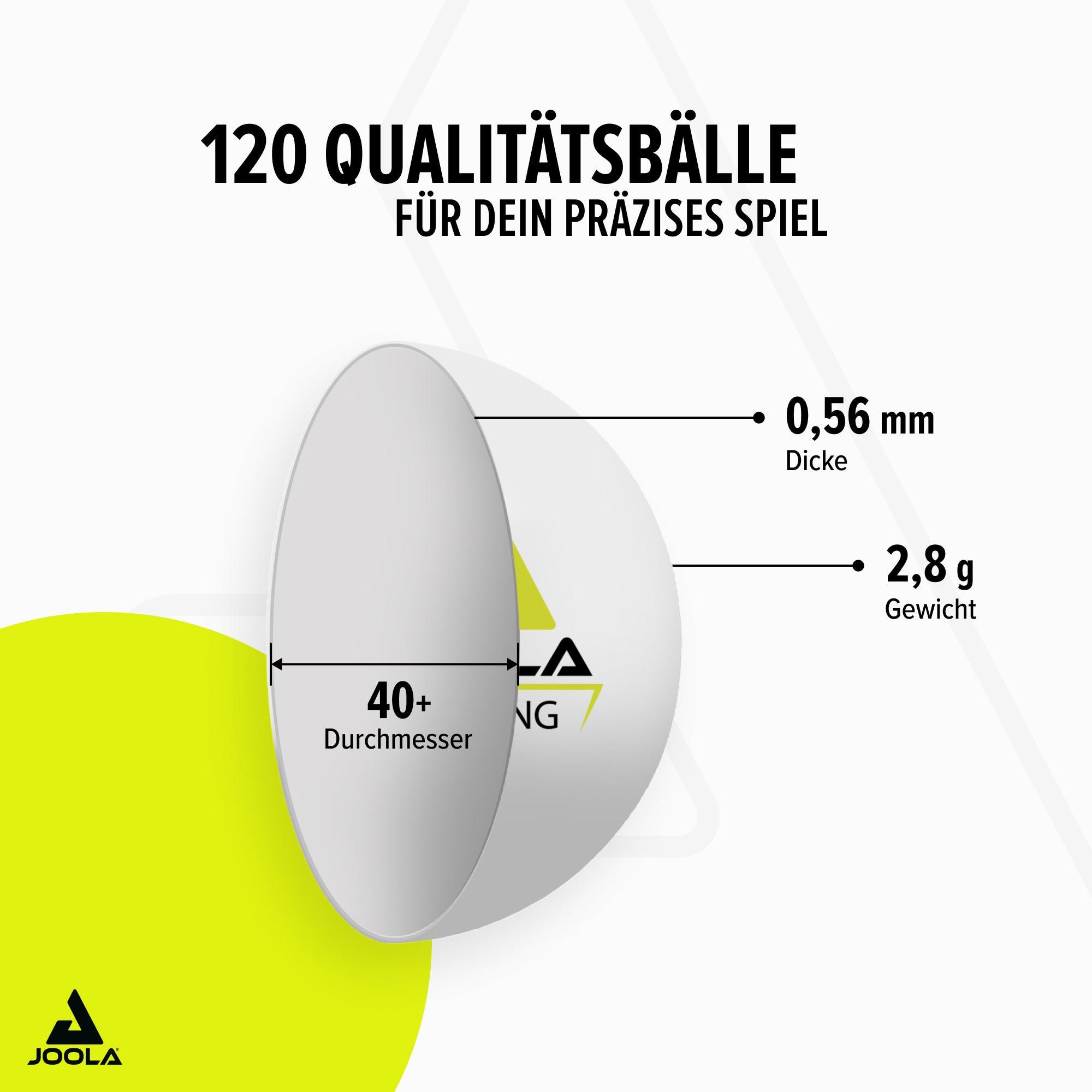 Zwei weiße Tischtennisbälle mit den Maßen 40+ Durchmesser, 0,56 mm Dicke und 2,8 g Gewicht, Produkt von JOOLA, Text "120 Qualitätsbälle für dein präzises Spiel".