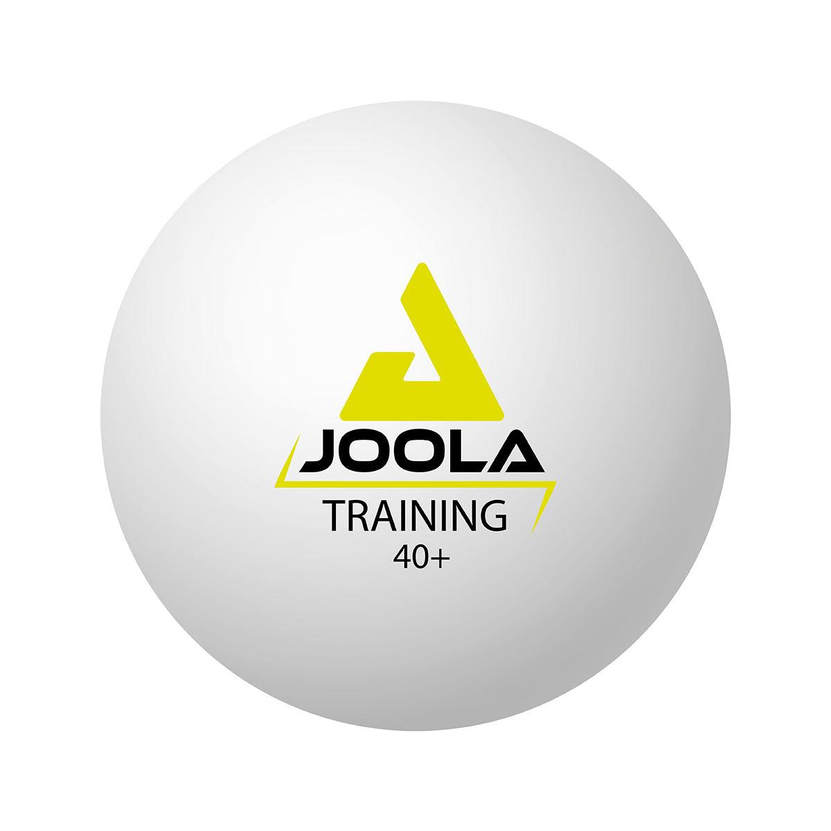Weißer JOOLA Training 40+ Tischtennisball mit gelbem Logo.