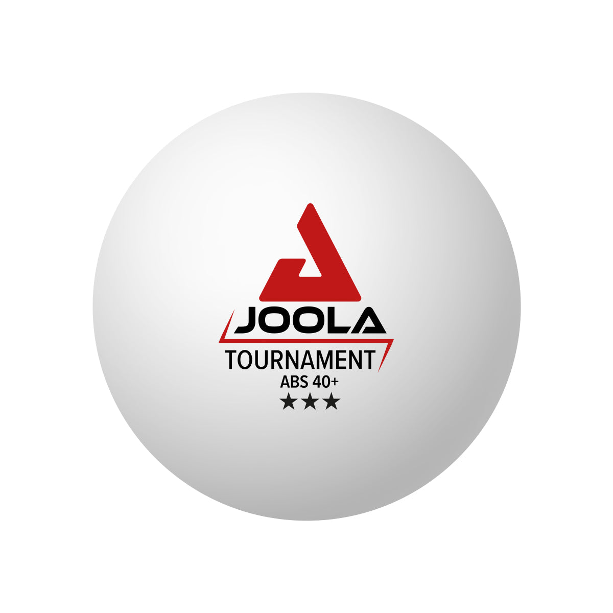 Weißer Tischtennisball mit rotem JOOLA-Logo und der Aufschrift "TOURNAMENT ABS 40+" sowie drei schwarzen Sternen.