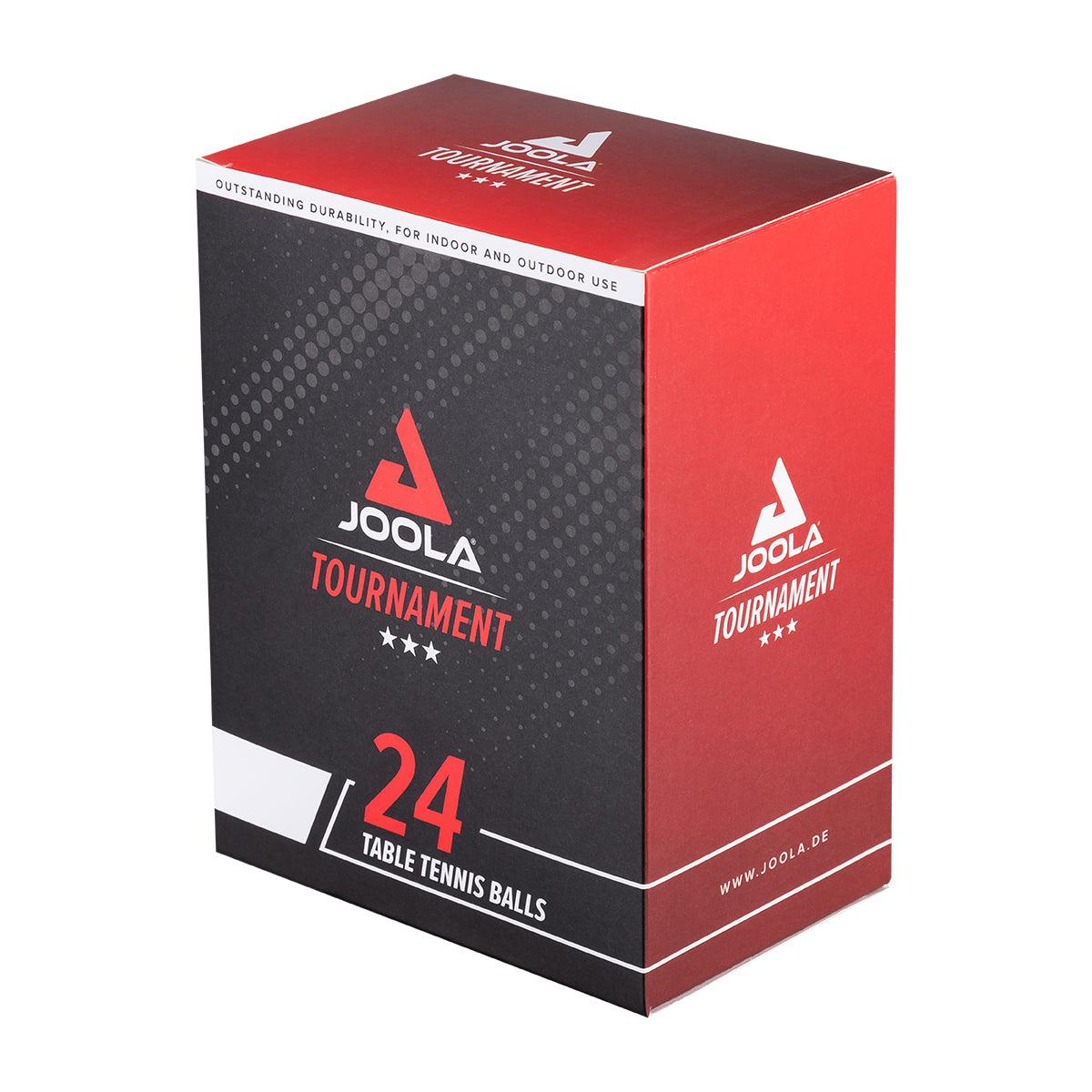Packung mit 24 JOOLA Tournament Tischtennisbällen, schwarz-rot gestaltet.