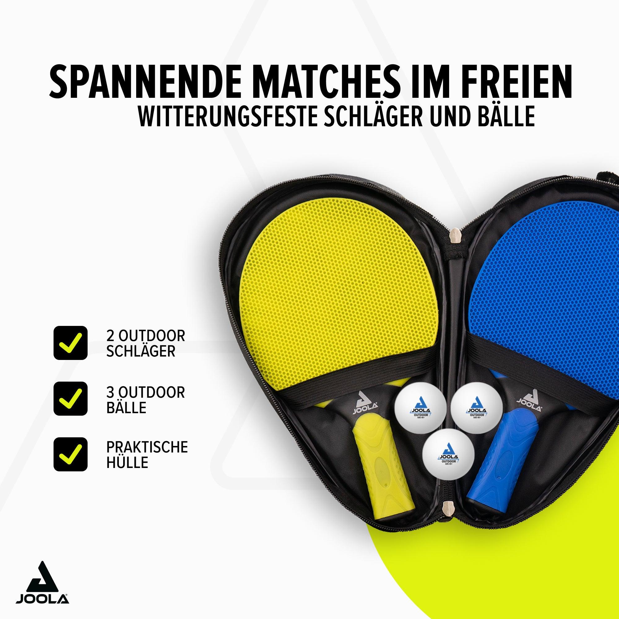 Outdoor-Tischtennis-Set mit zwei wetterfesten Schlägern (gelb und blau), drei Bällen und praktischer schwarzer Tragetasche.