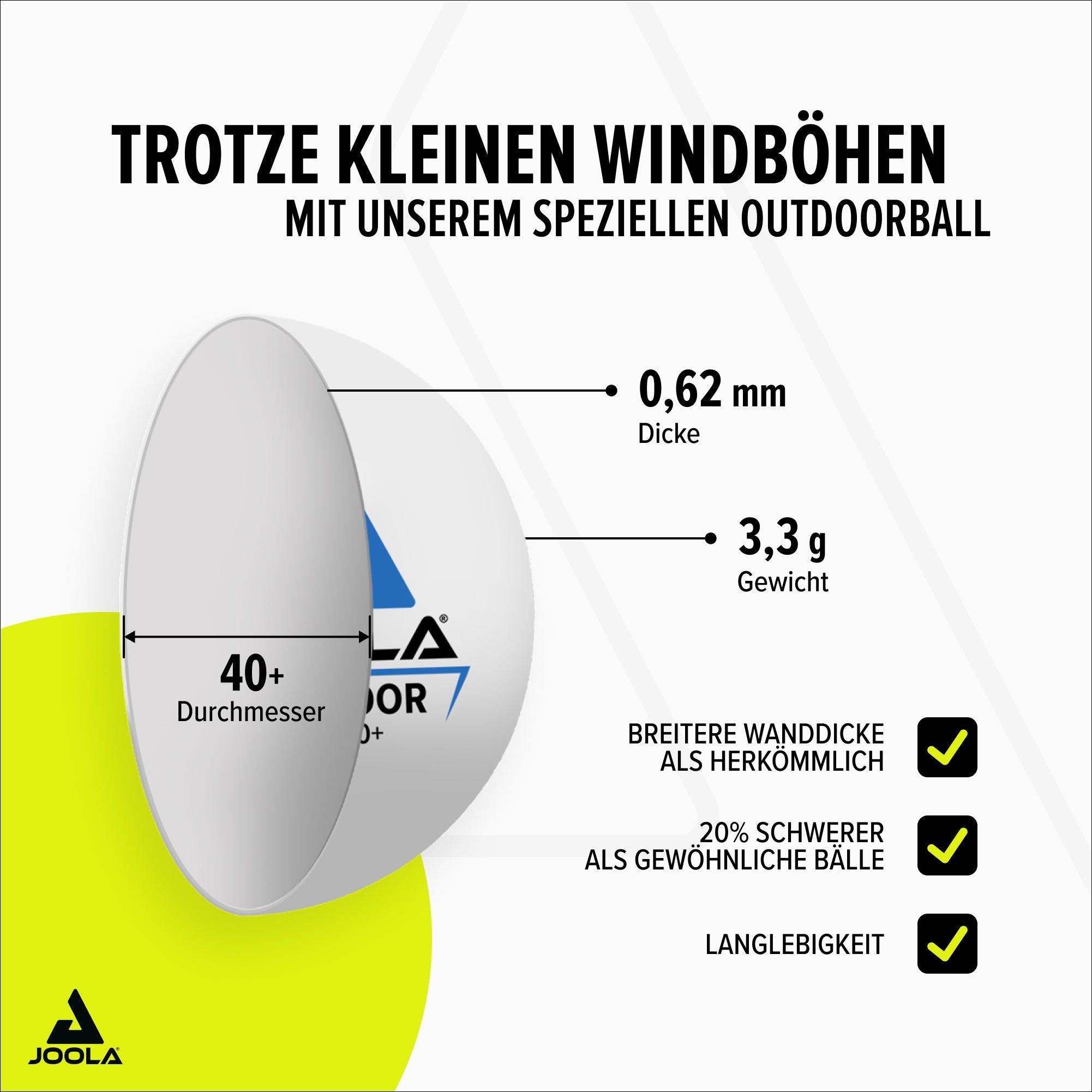 Infografik eines weißen Outdoor-Tischtennisballs von Joola mit 40+ mm Durchmesser, 0,62 mm Dicke und 3,3 g Gewicht, hervorgehobene Merkmale: breitere Wanddicke, 20% schwerer als