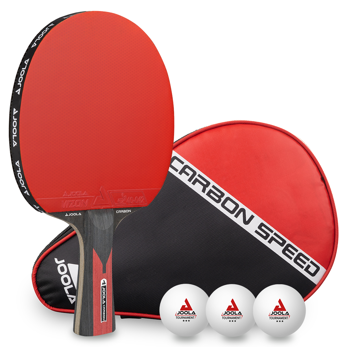 Tischtennisschläger-Set mit rotem Schläger, Hülle und drei weißen Bällen von JOOLA.