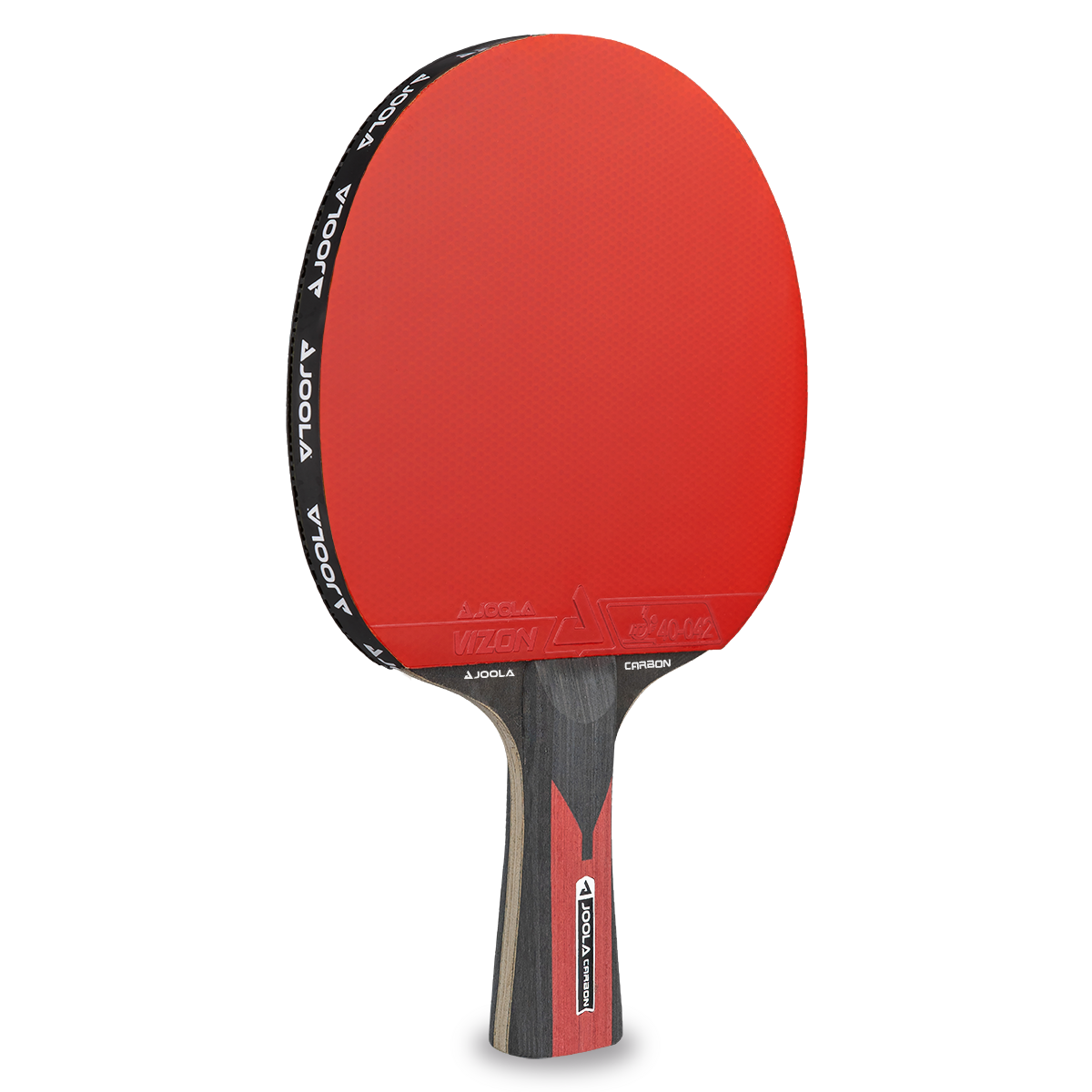 Roter Tischtennisschläger mit JOOLA-Logo und schwarzem Griff, frontal abgebildet.