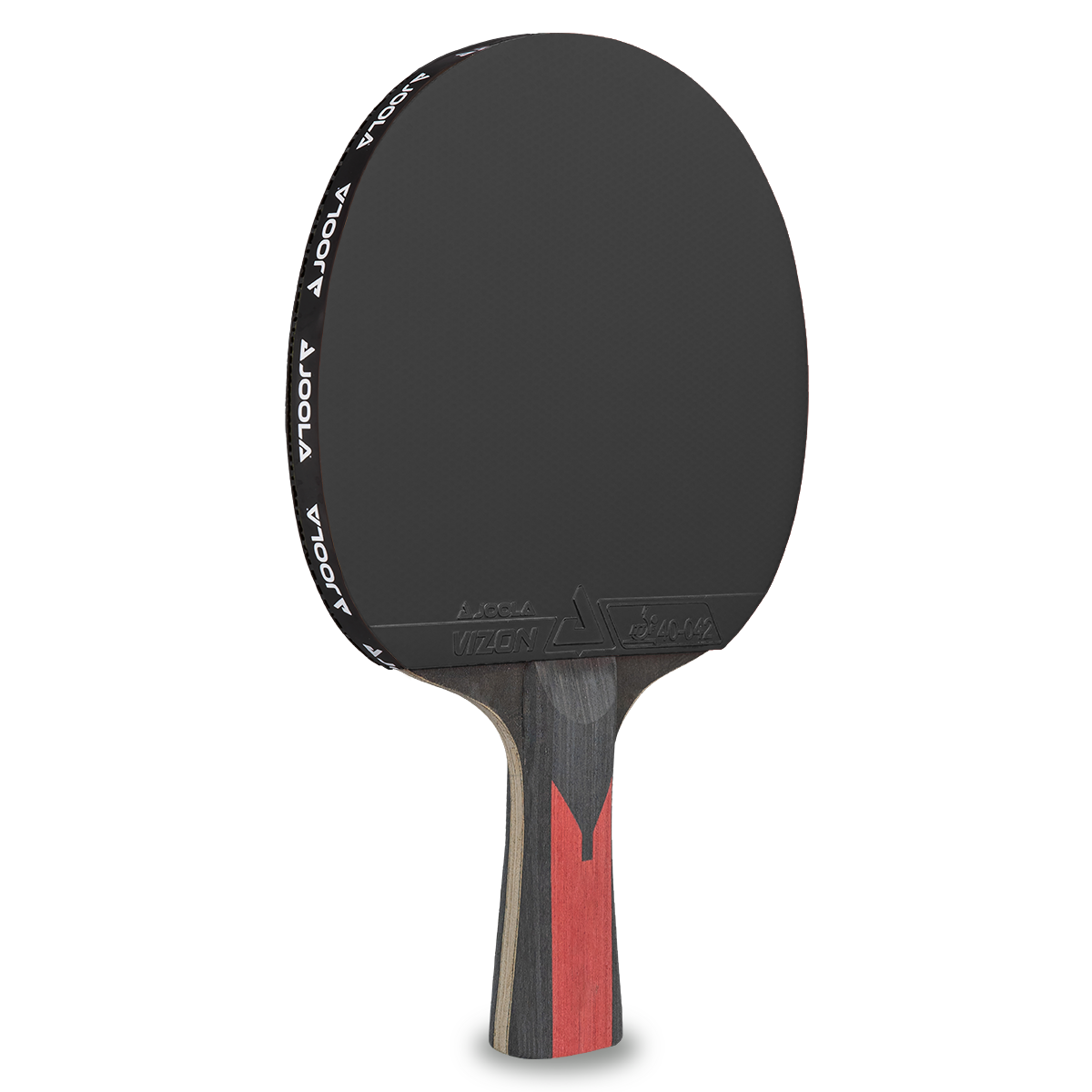Schwarzer Tischtennisschläger mit Holzgriff und rotem Akzent, Markenname an der Seite.