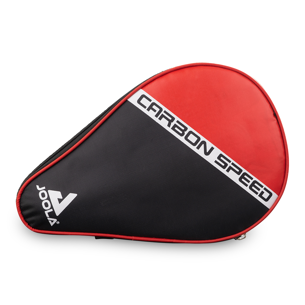 Schwarz-rote Tischtennisschlägerhülle mit "Carbon Speed" und "Joola"-Logo, dreieckige Form.