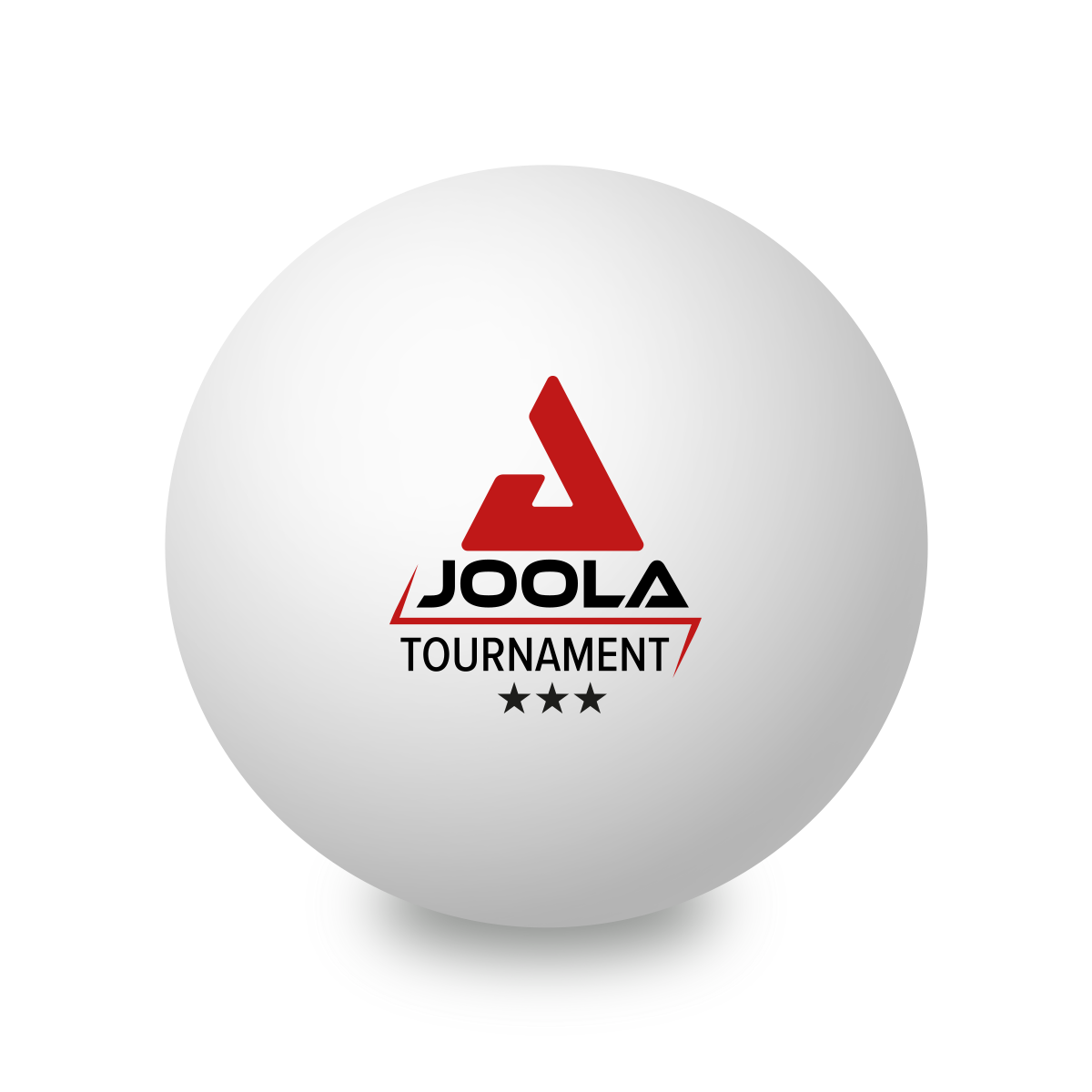 Weißer Tischtennisball mit rotem Joola-Logo und schwarzem Schriftzug "Tournament" sowie drei schwarzen Sternen.