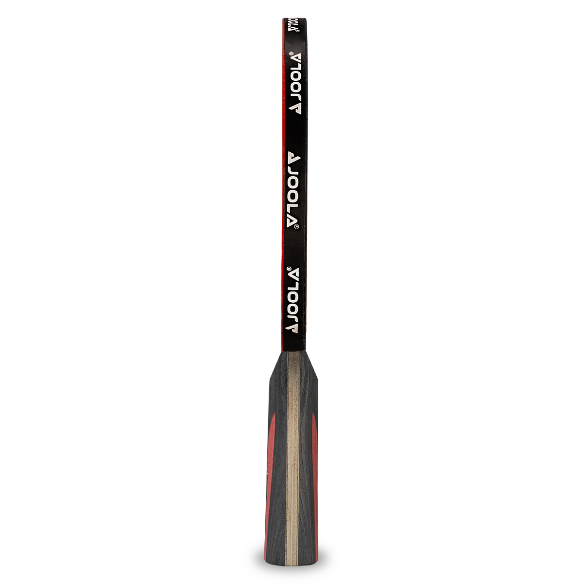 Tischtennisschläger von JOOLA, seitlich gezeigt, mit schwarzem Griff und roten Akzenten.