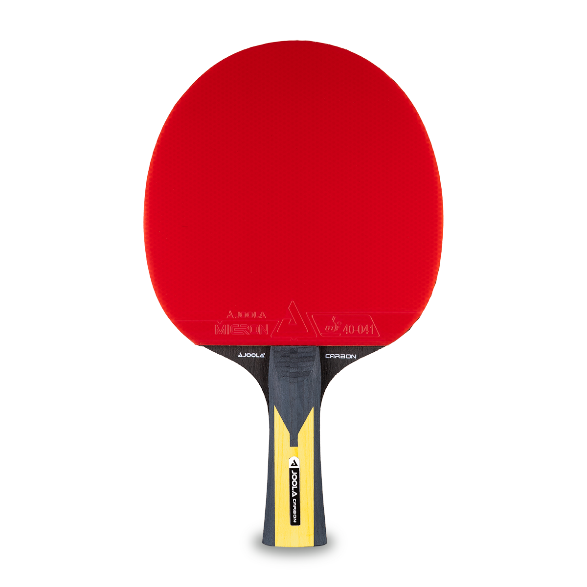 Tischtennisschläger mit rotem Belag und Holzgriff, Marke Joola Carbon, Vorderansicht auf weißem Hintergrund.