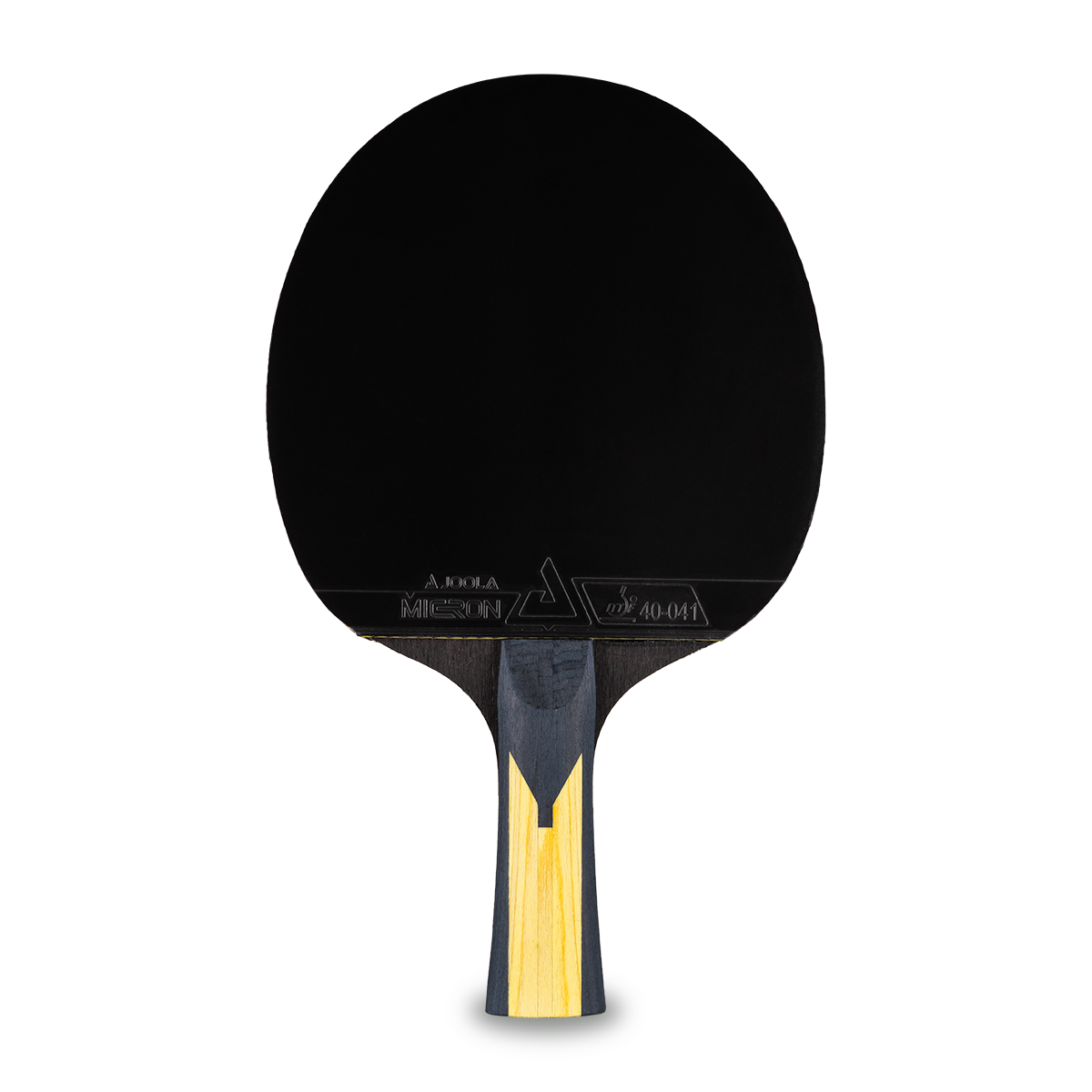 Schwarzer Tischtennisschläger mit Holzgriff in Schwarz und Gelb, Marke Joola Micron.
