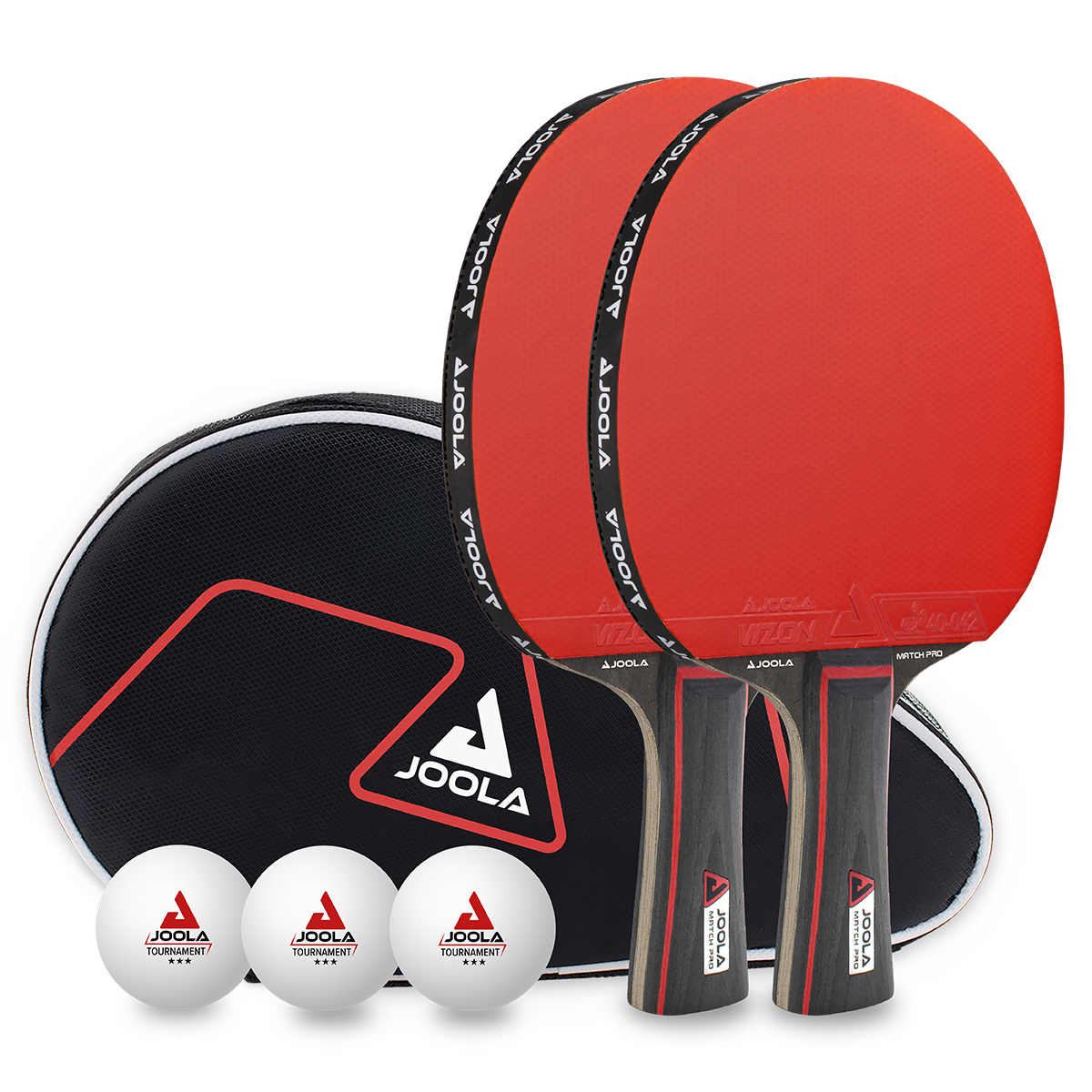 Zwei rote JOOLA Tischtennisschläger, drei weiße Bälle und schwarzes JOOLA Transportetui.