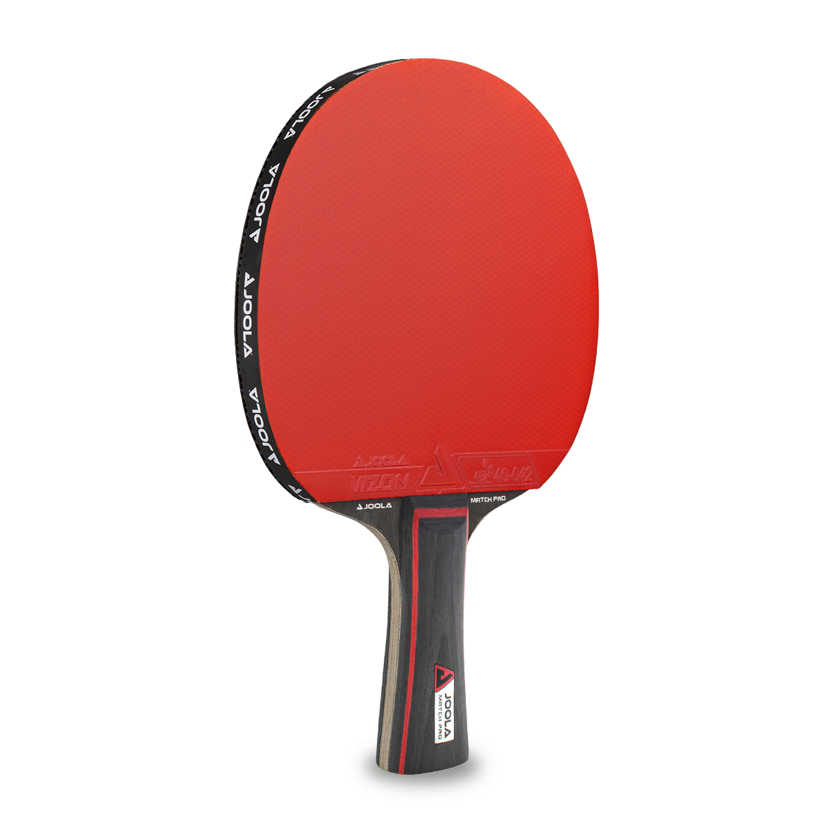 Tischtennisschläger JOOLA Match Pro mit roter Belagfläche und schwarzem Griff mit roten Akzenten.