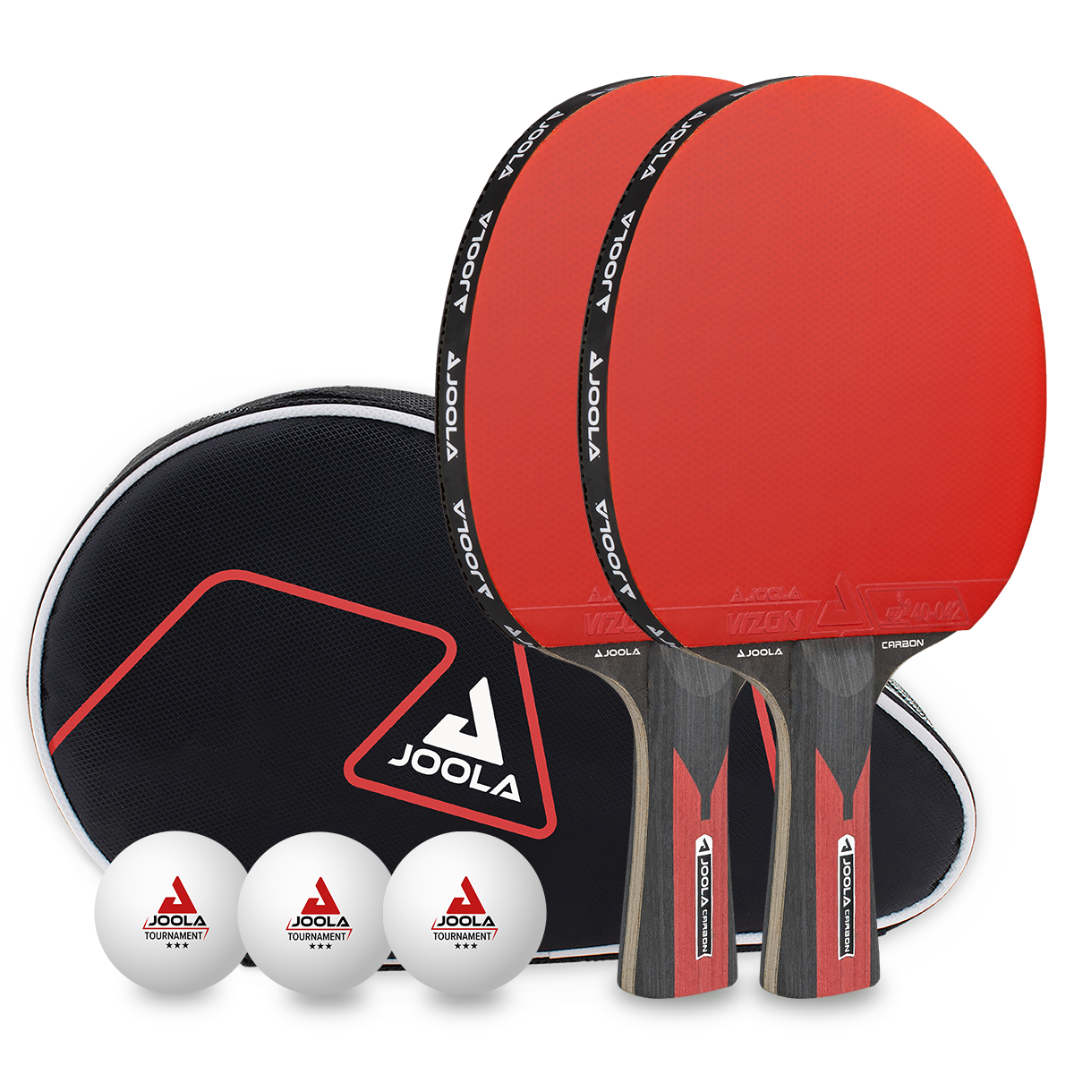 Zwei JOOLA Tischtennisschläger mit roten Belägen, drei weiße JOOLA Tischtennisbälle und schwarzes JOOLA Etui.