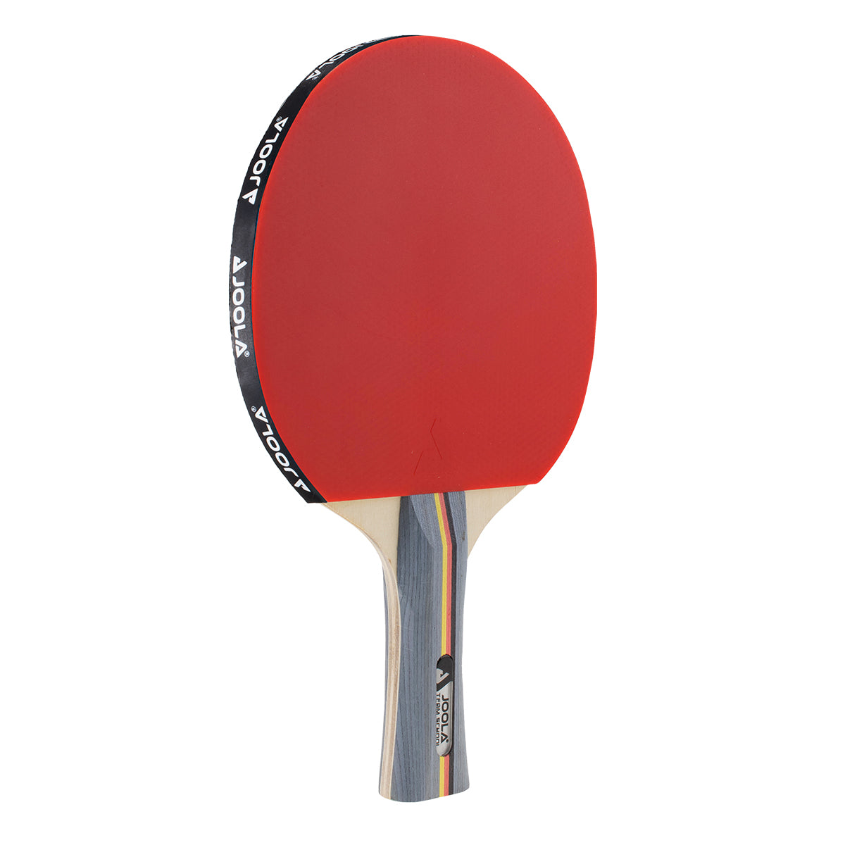 Tischtennisschläger mit rotem Belag und mehrfarbigem Holzgriff, Marke Joola.