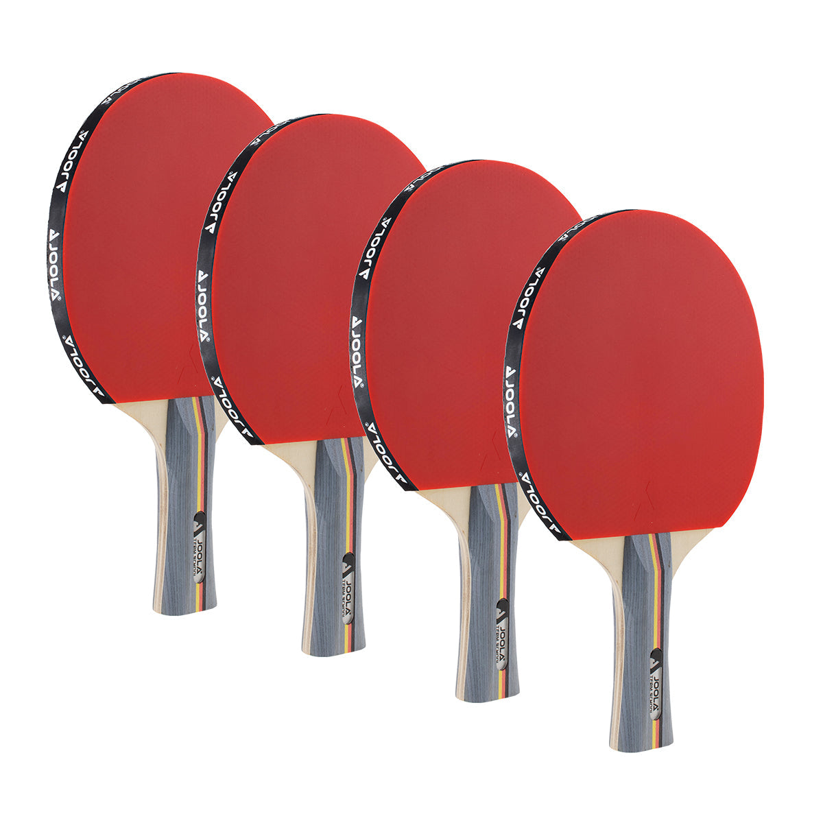 Vier rote JOOLA Tischtennisschläger mit grauem Griff, nebeneinander angeordnet.