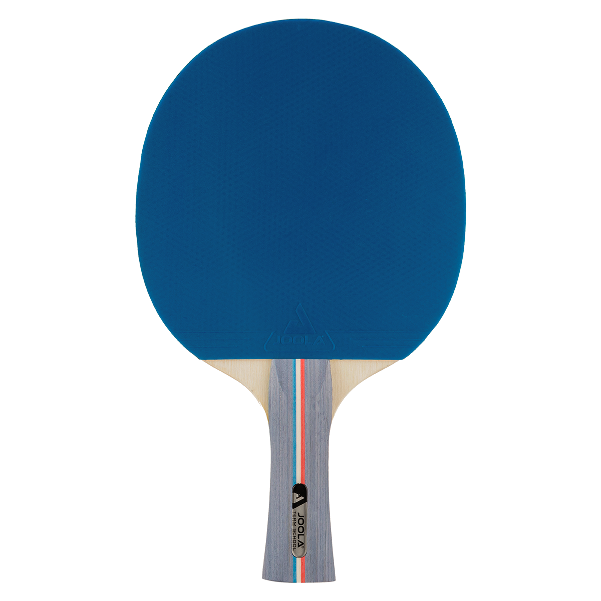 Tischtennisschläger mit blauem Belag und mehrfarbigem Holzgriff.